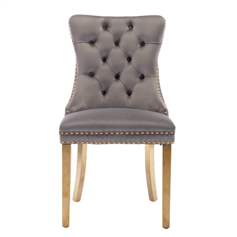AADEN 2x Velvlet Dining chairs with Golden Metal Legs, Rings and Studs- Grey