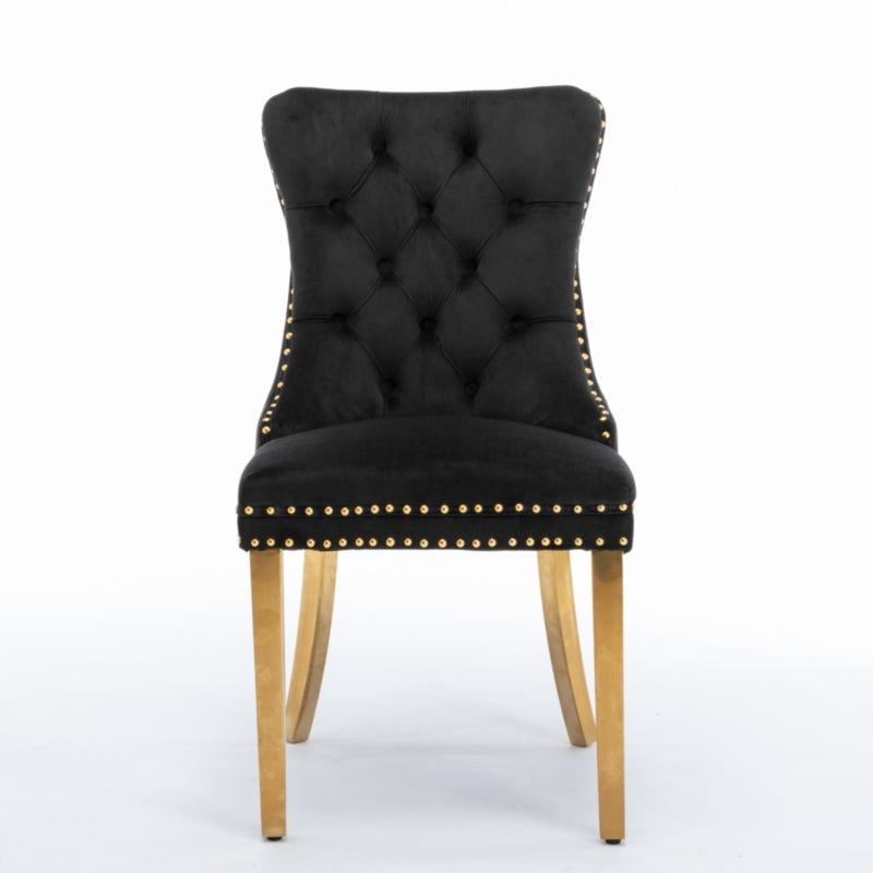 AADEN 2x Velvlet Dining chairs with Golden Metal Legs, Rings and Studs- Grey