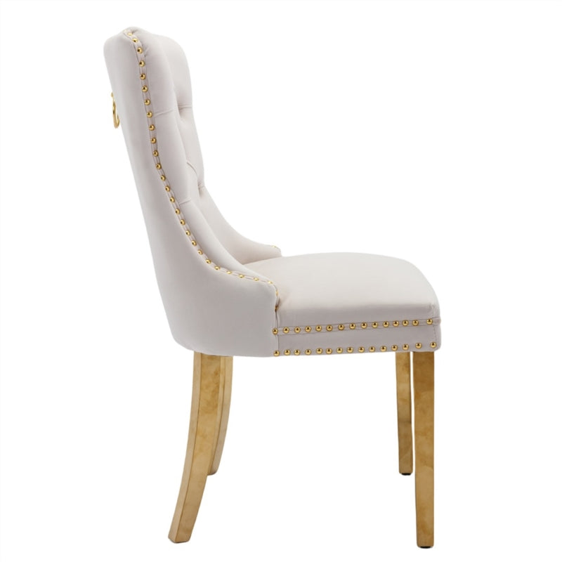 AADEN 2x Velvlet Dining chairs with Golden Metal Legs, Rings and Studs- Grey