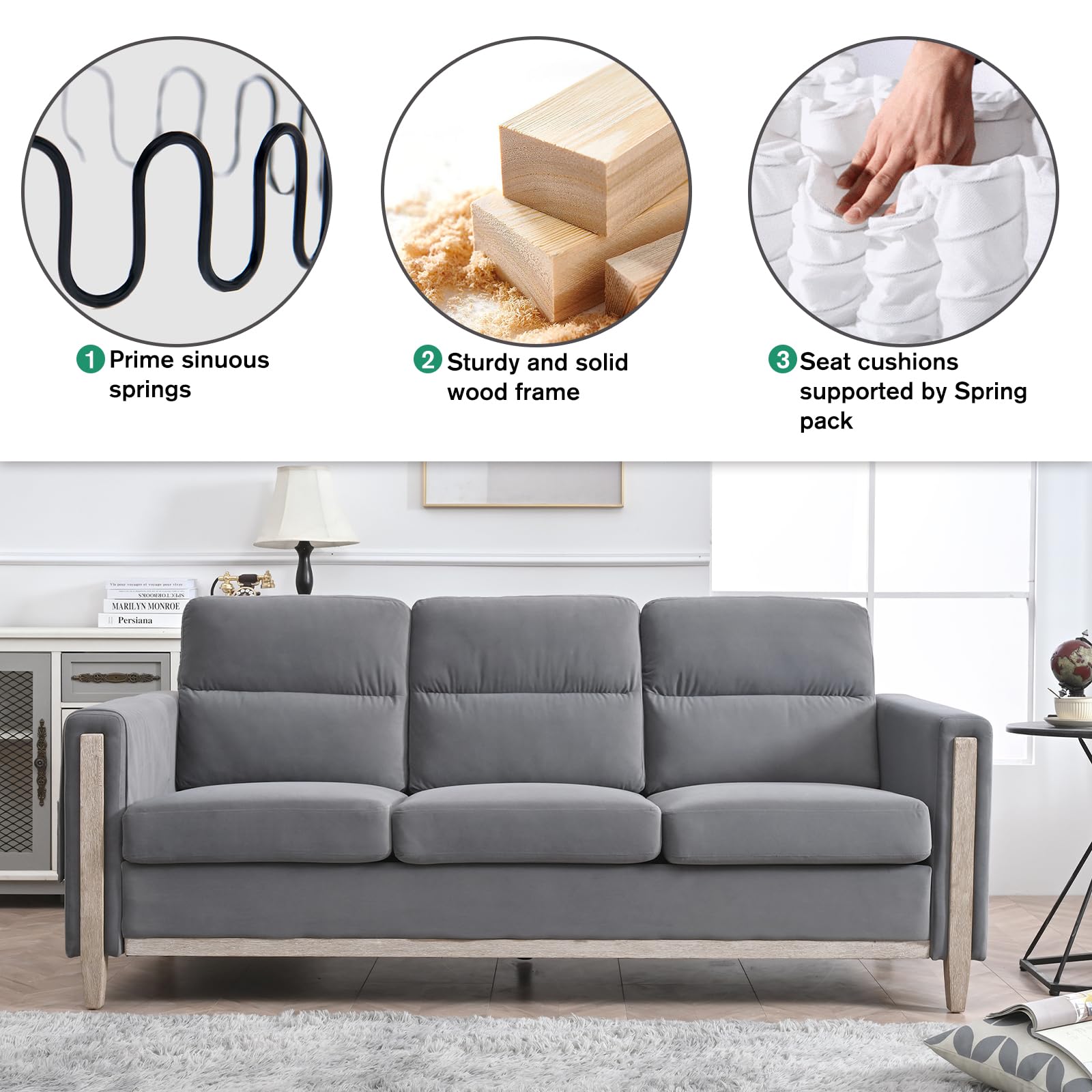 Modern Beige/Grey Comfortable 3-Seater Fabric Upholstered Sofa