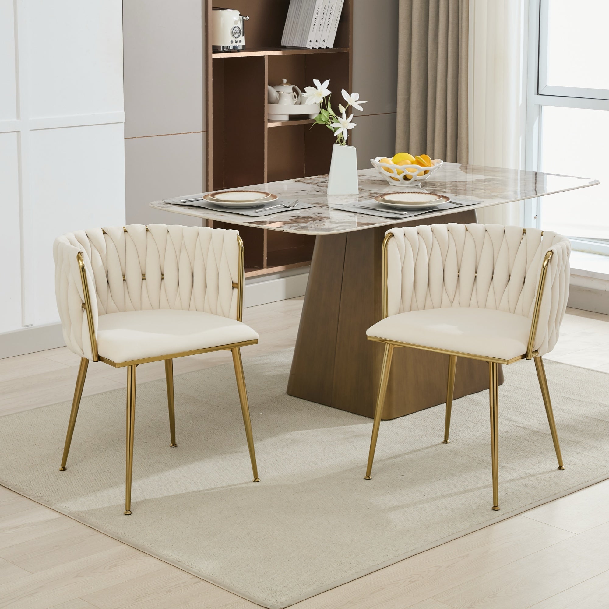 Velvet Dining Chairs Set of 2, Woven Upholstered Dining Chairs with Gold Metal Legs