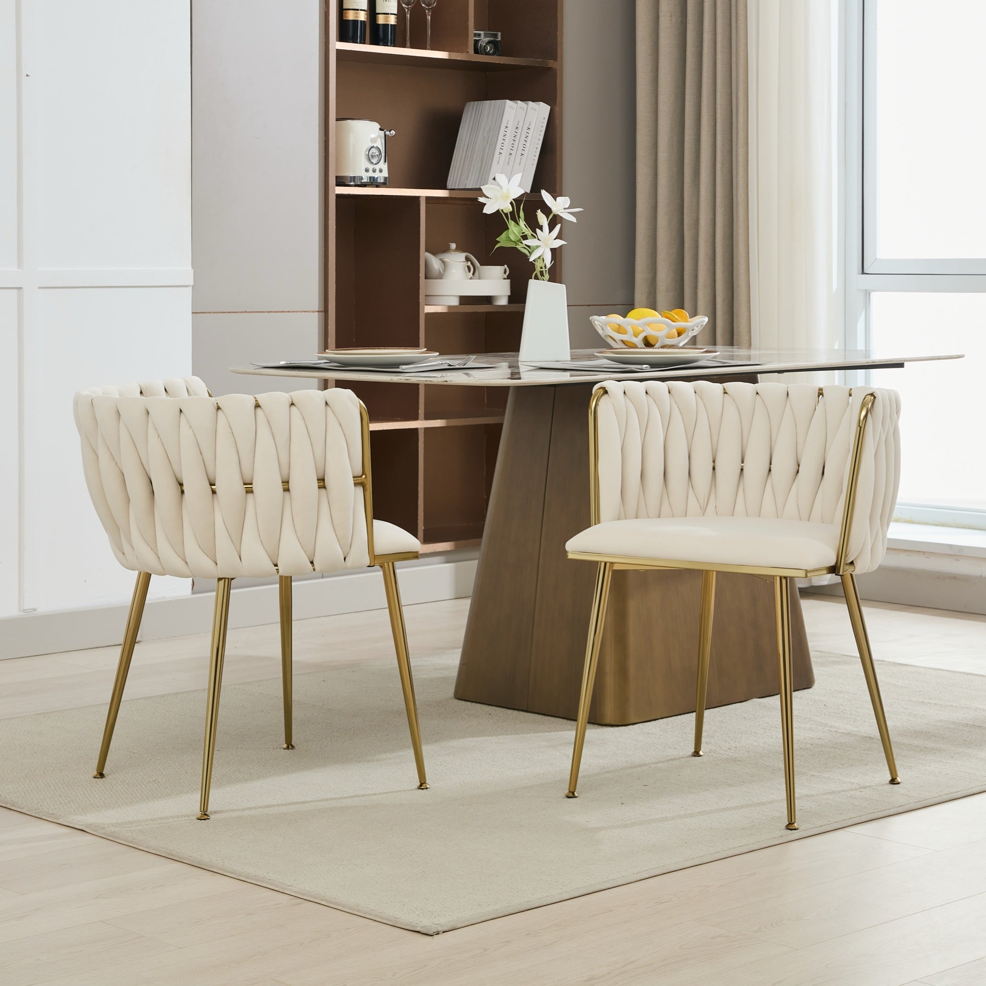 Velvet Dining Chairs Set of 2, Woven Upholstered Dining Chairs with Gold Metal Legs