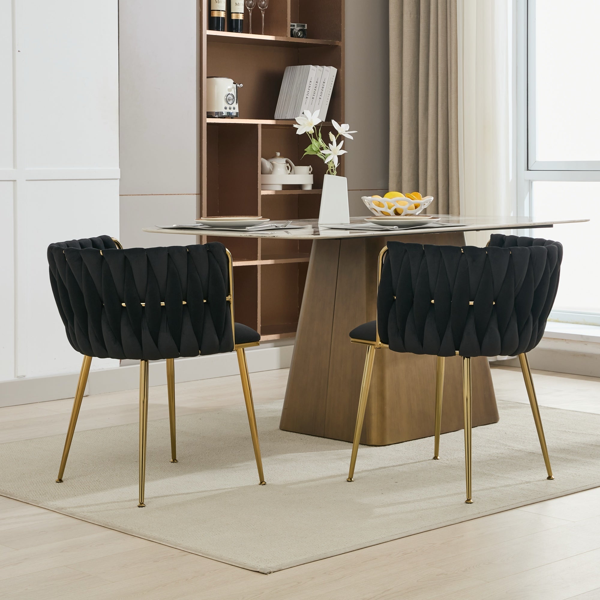 Velvet Dining Chairs Set of 2, Woven Upholstered Dining Chairs with Gold Metal Legs