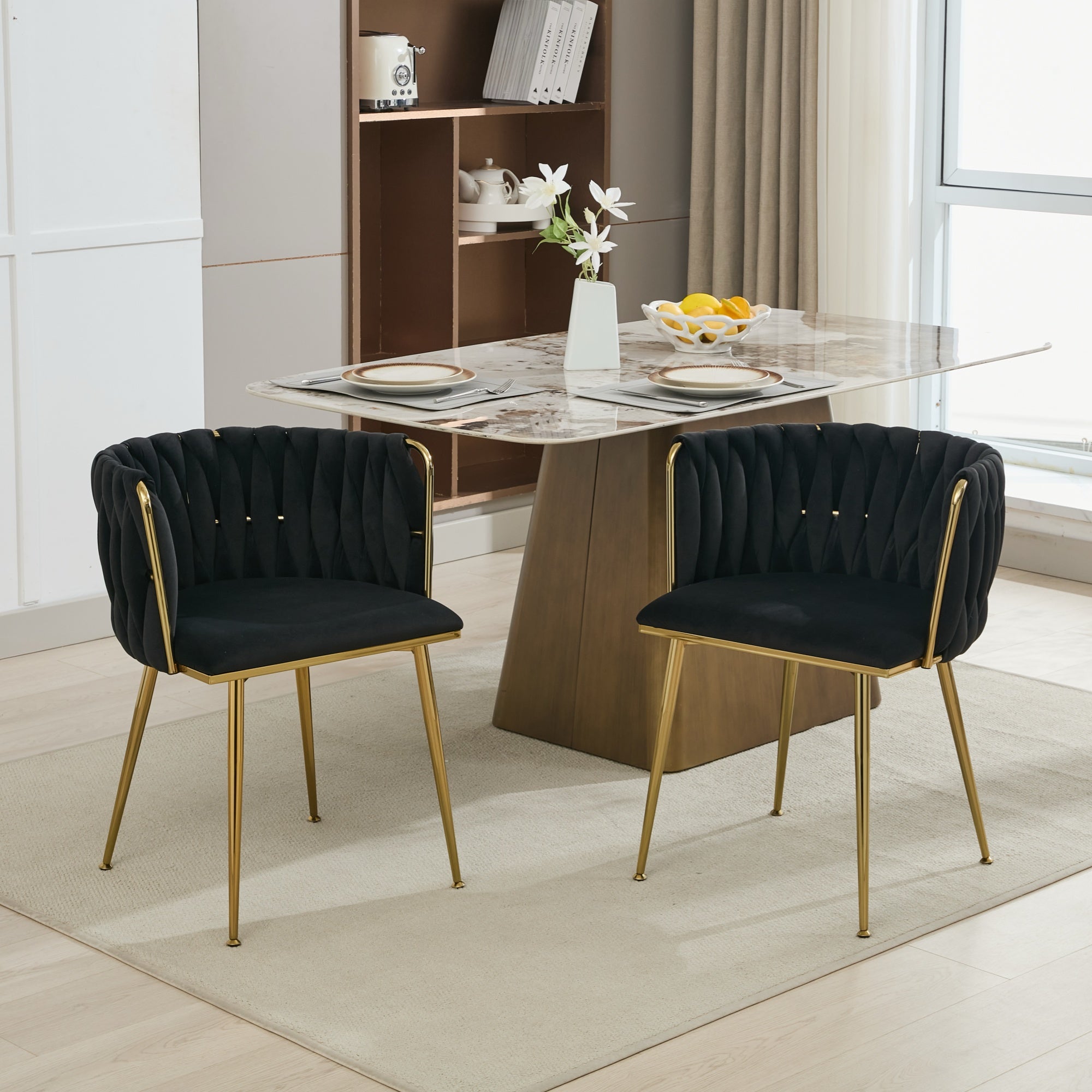 Velvet Dining Chairs Set of 2, Woven Upholstered Dining Chairs with Gold Metal Legs
