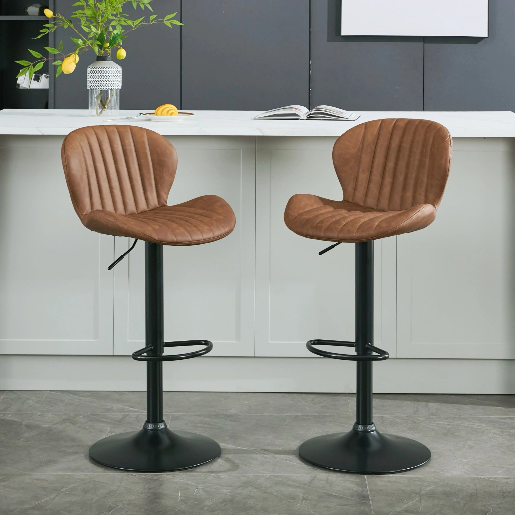 Set of 2 Modern Faux Leather Swivel Bar Stools