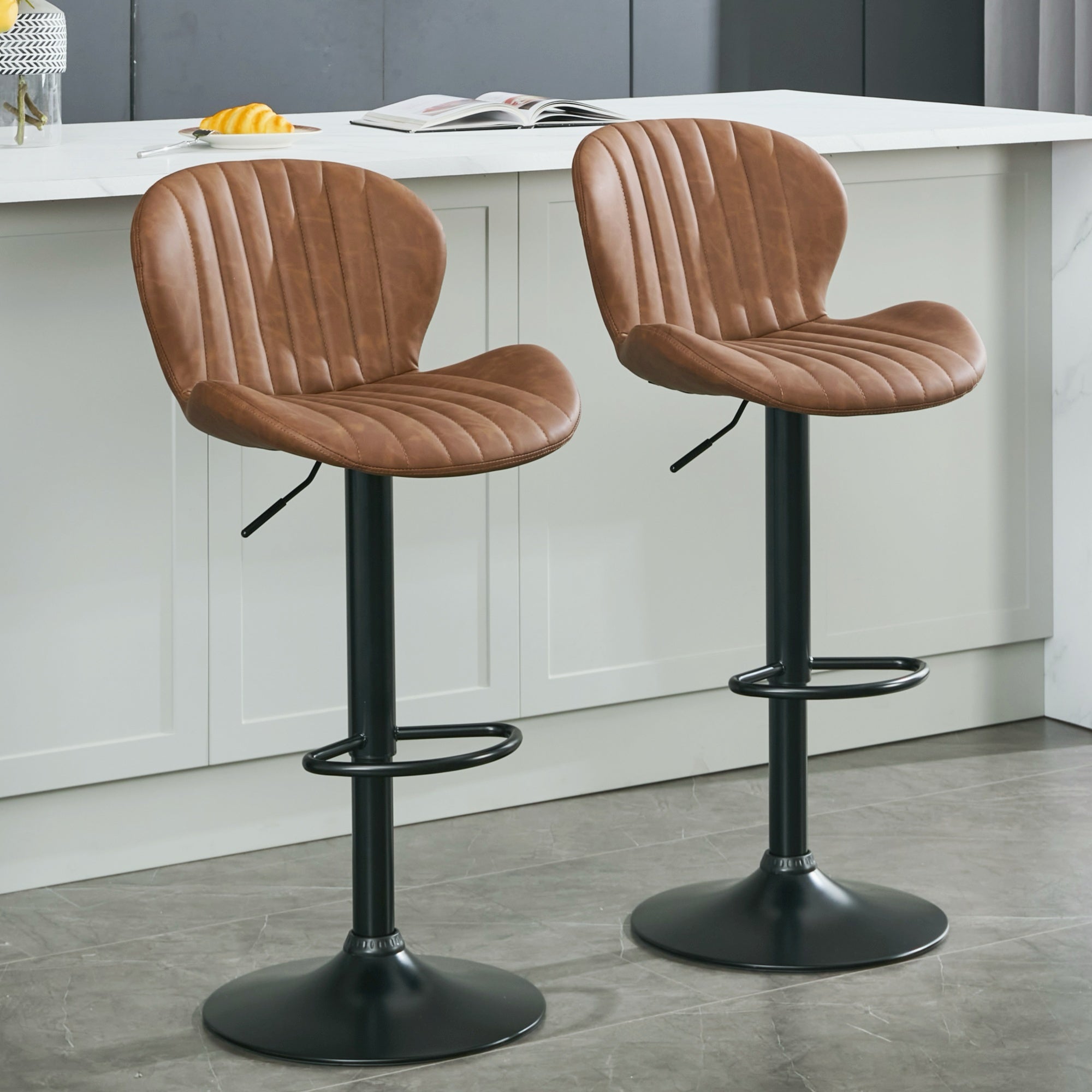 Set of 2 Modern Faux Leather Swivel Bar Stools