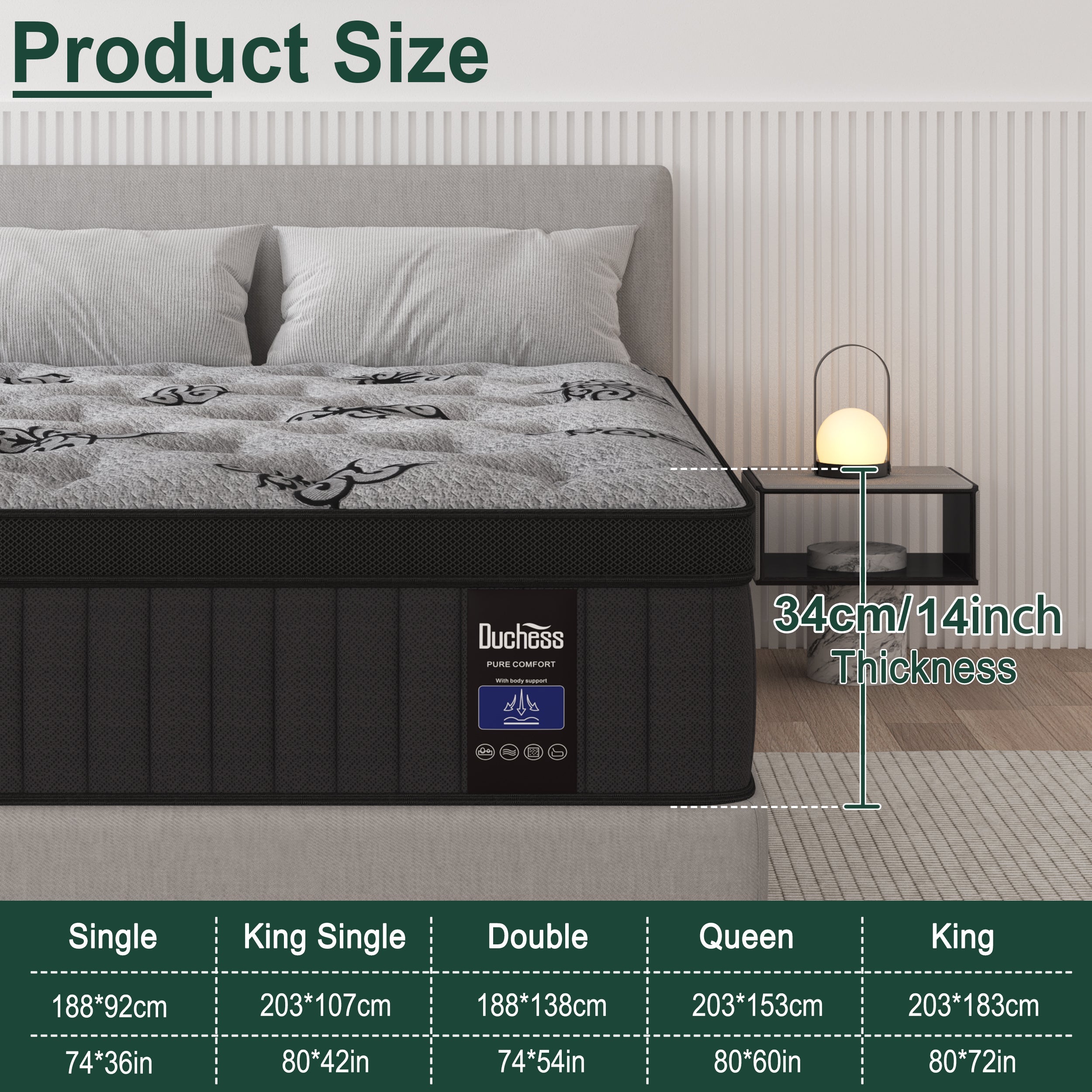 Duchess DOUBLE KING SINGLE Mattress Bed Euro Top Pocket Spring Medium Firm 34cm