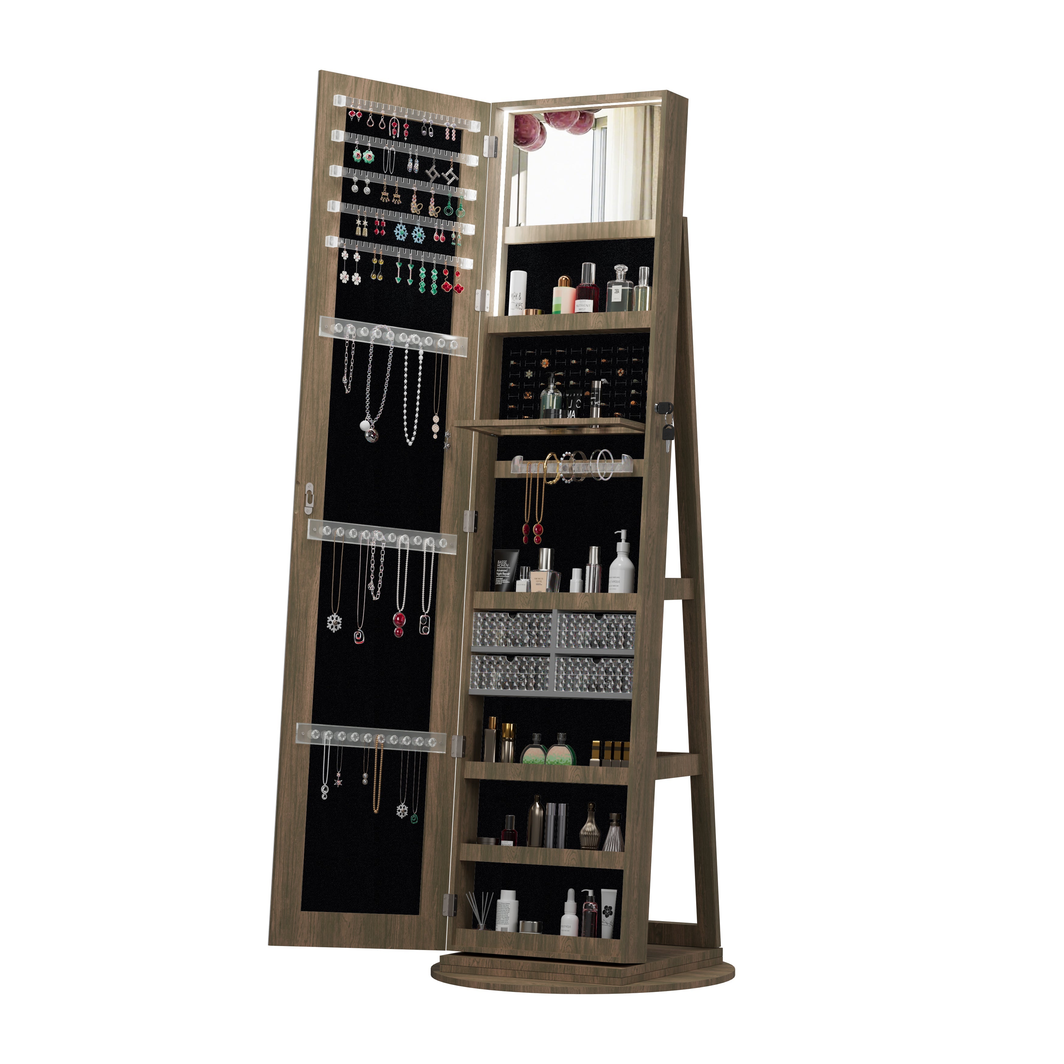 360° Lockable rotating jewelry cabinet with Full Length Mirror