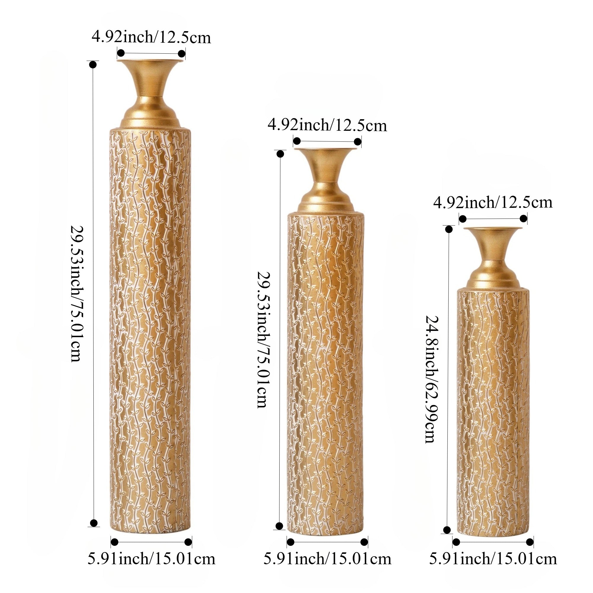 Set of 3metal decorative vases high distress with growing vine pattern