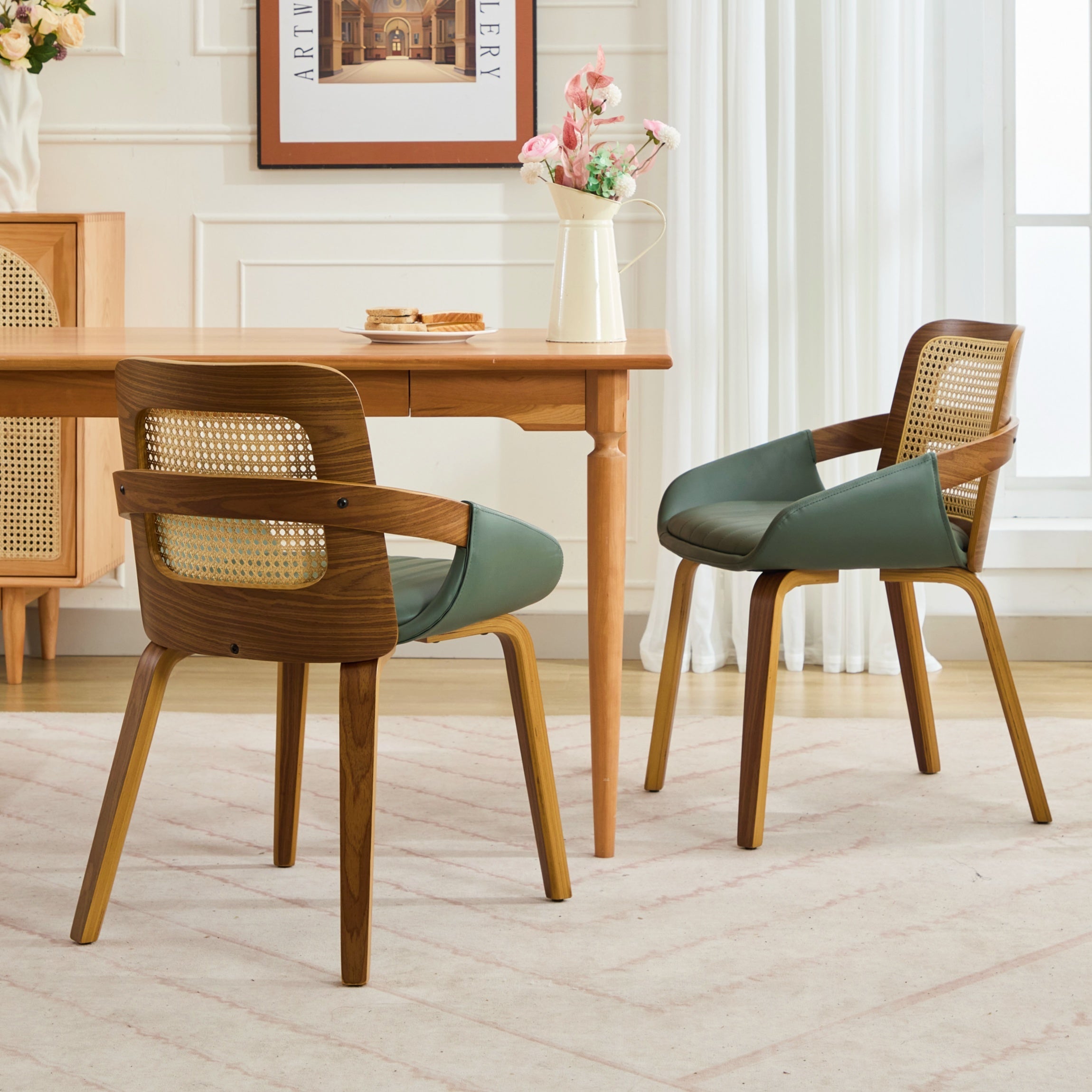 Set of 2 Rattan Dining Chairs - Mid Century Modern Dining Chairs with Walnut Bentwood Frame