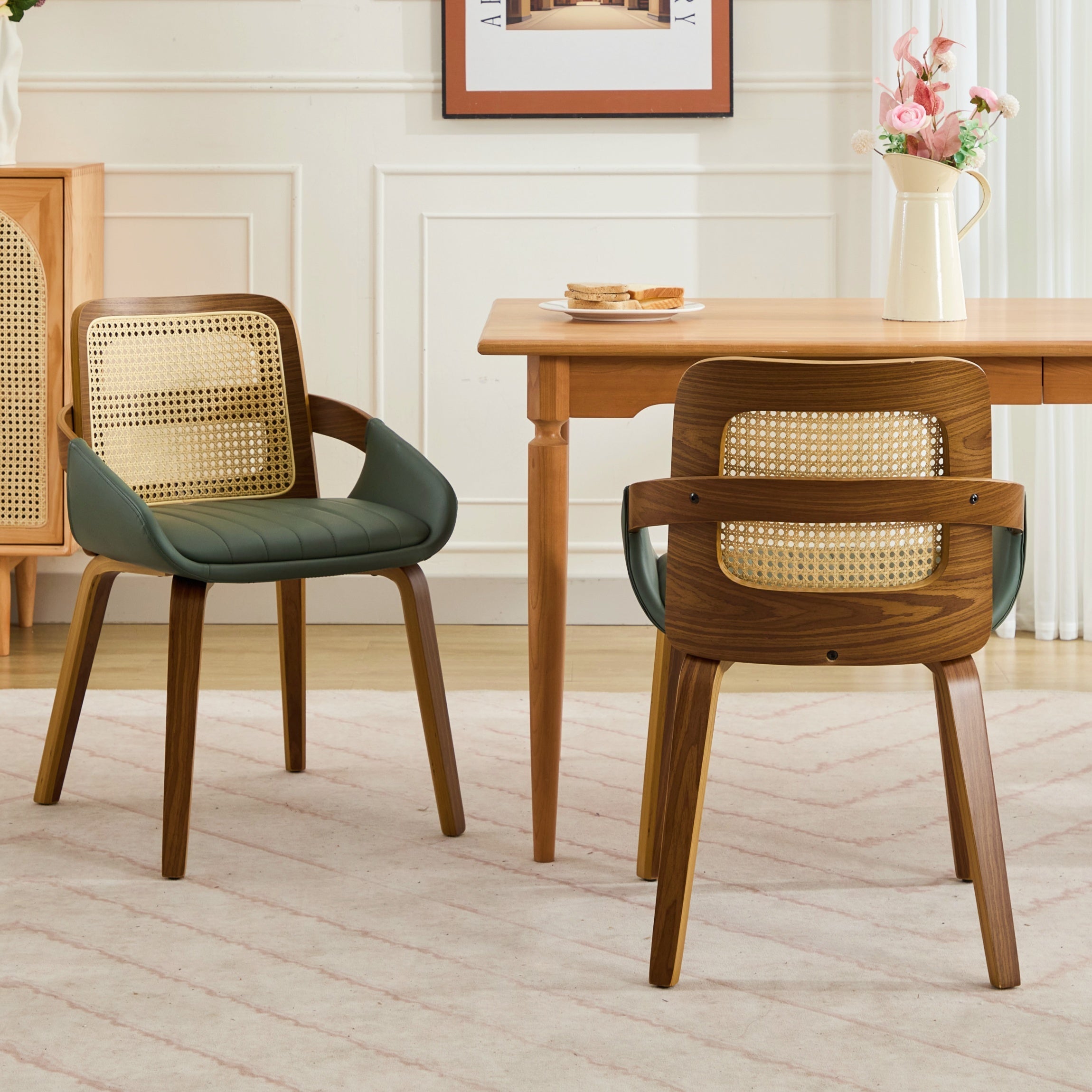 Set of 2 Rattan Dining Chairs - Mid Century Modern Dining Chairs with Walnut Bentwood Frame