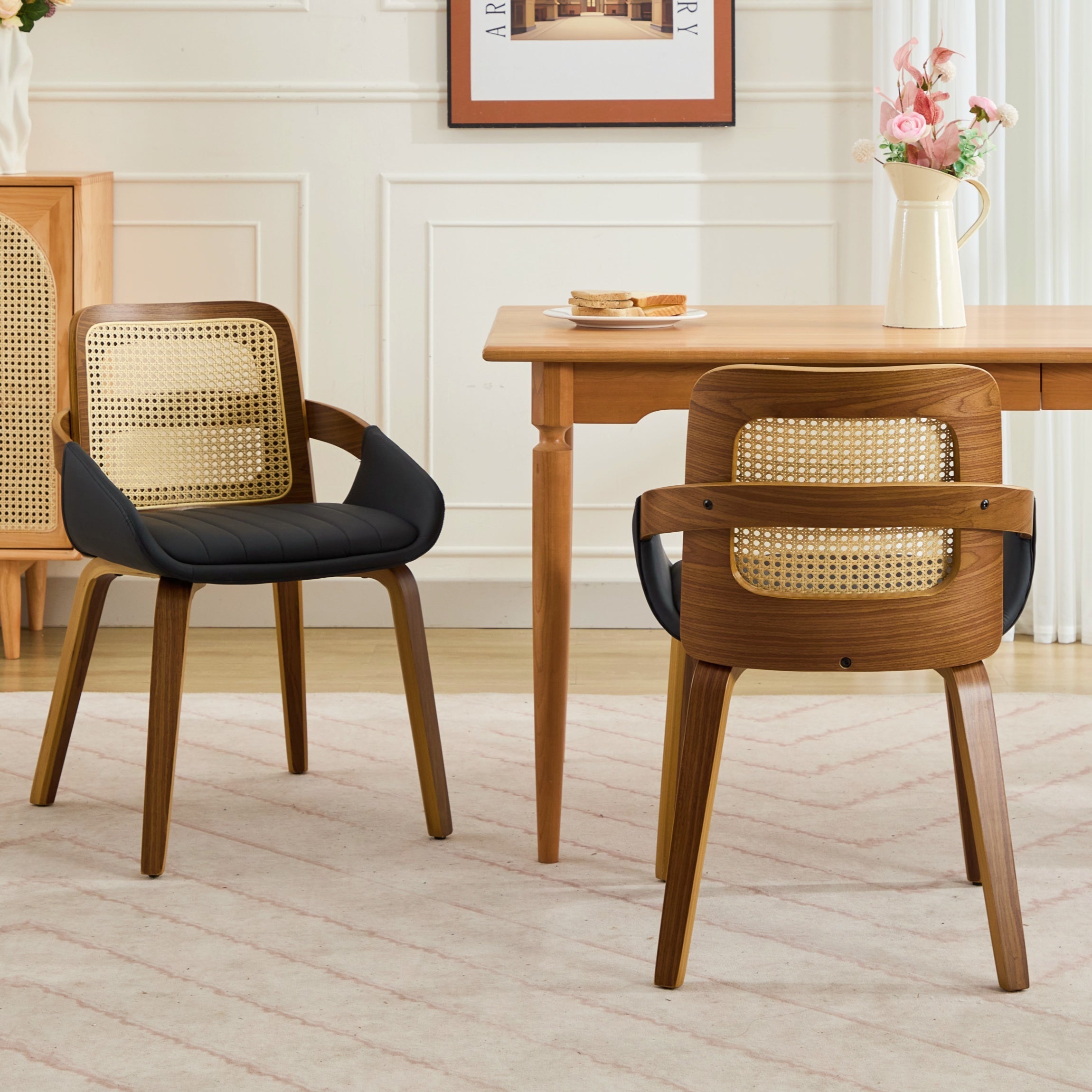 Set of 2 Rattan Dining Chairs - Mid Century Modern Dining Chairs with Walnut Bentwood Frame