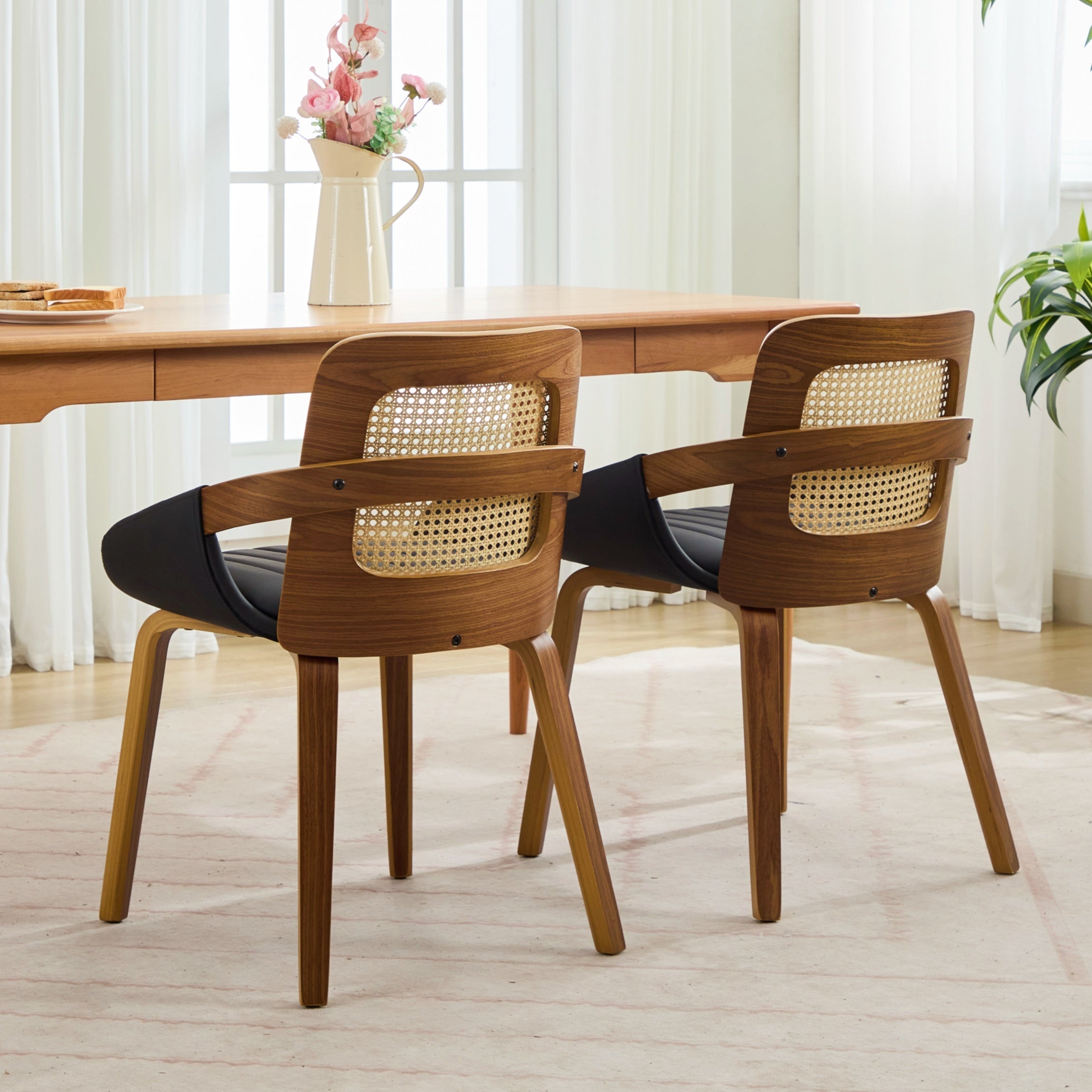 Set of 2 Rattan Dining Chairs - Mid Century Modern Dining Chairs with Walnut Bentwood Frame