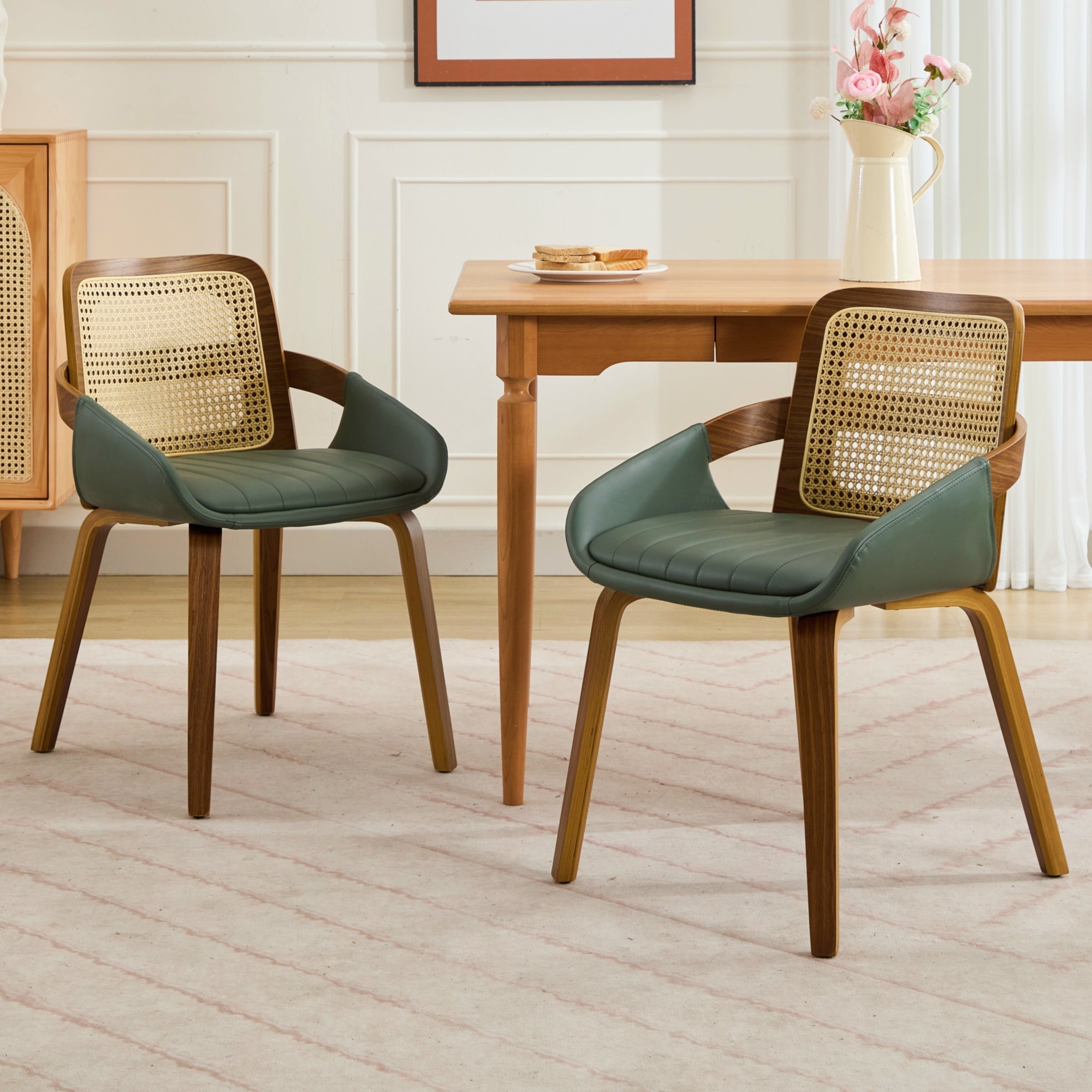 Set of 2 Rattan Dining Chairs - Mid Century Modern Dining Chairs with Walnut Bentwood Frame