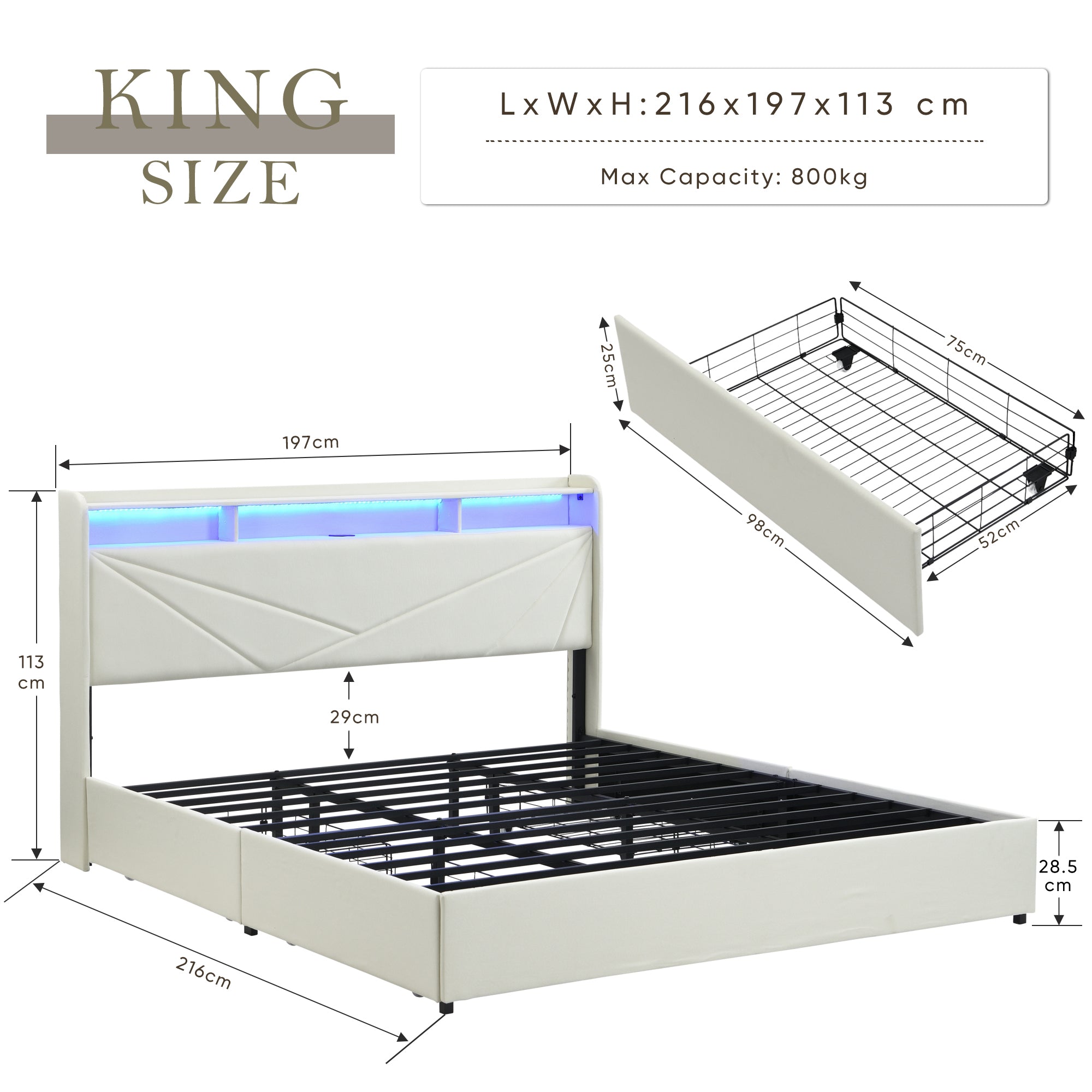 Gas Lift Upholstered Bed Frame with Storage,  LED Lights Headboard