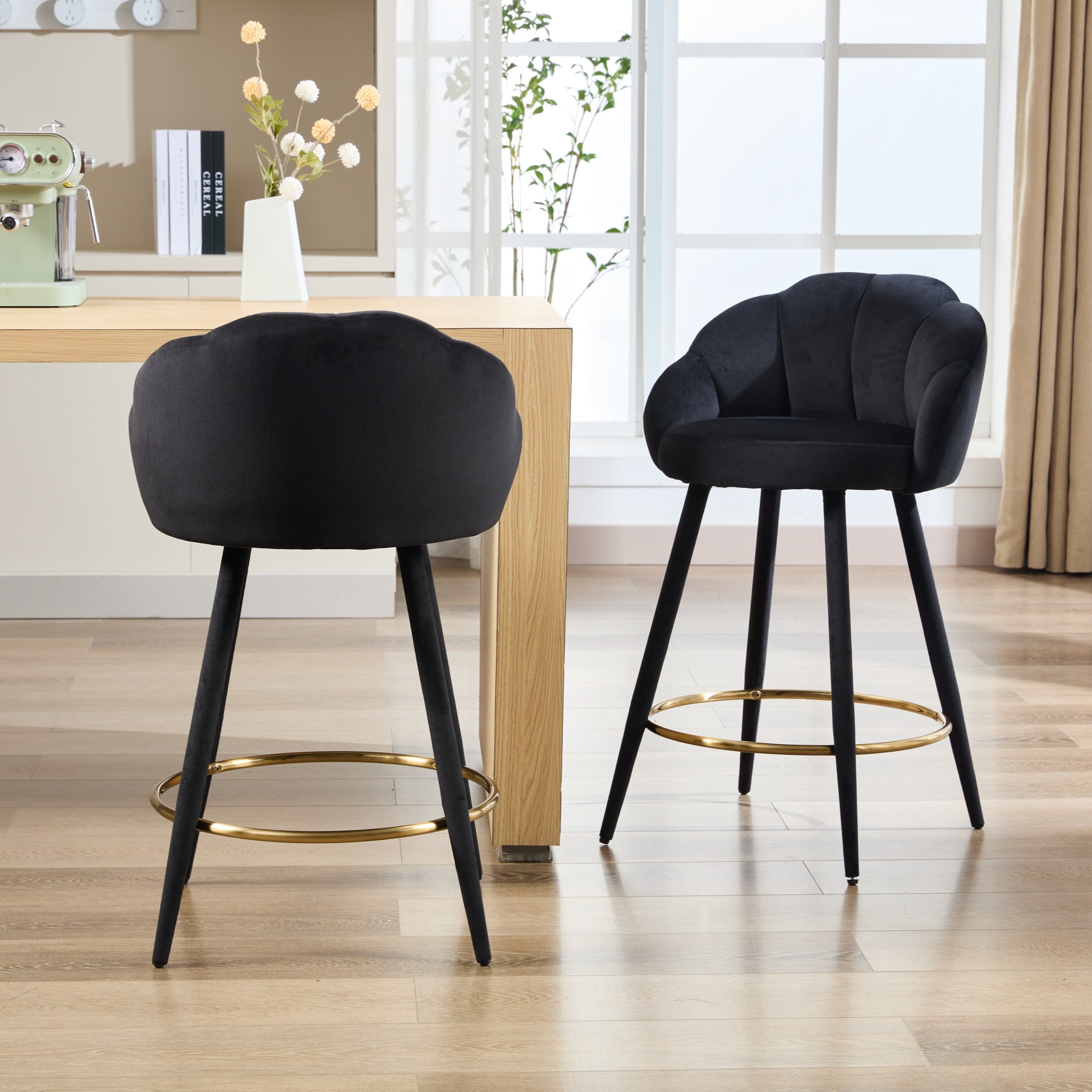Velvet Upholstered Counter Barstools Set of 2, Modern Bar Stools with Petal Back & Golden Footrest