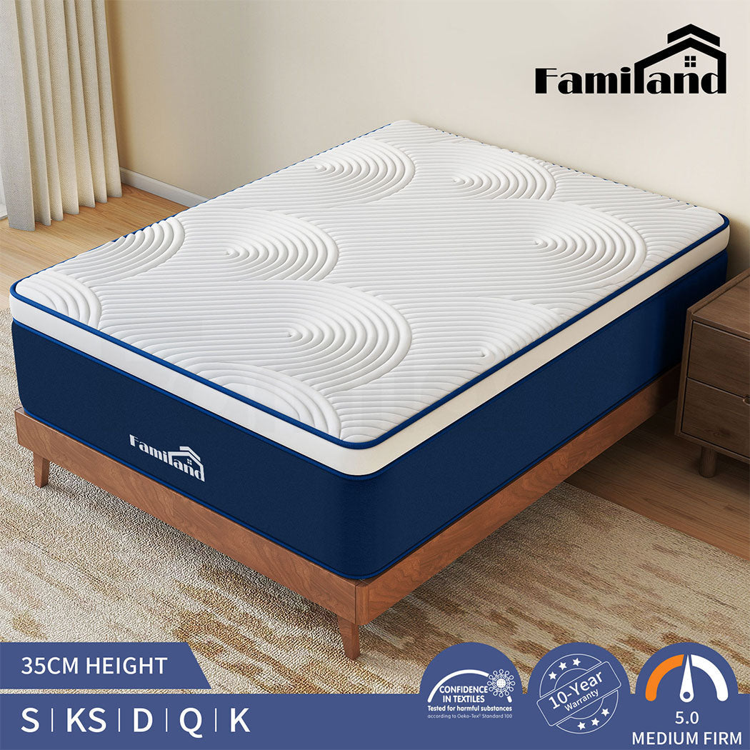 Familand Queen Double King Single Mattress Pocket Spring Memory Foam 35cm Blue