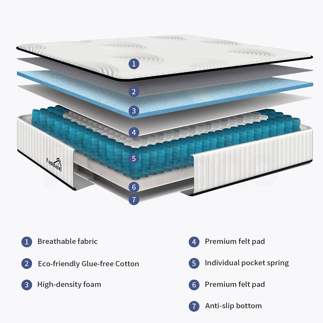 Familand Queen Double King Single Mattress Pocket Spring Memory Foam 22cm White
