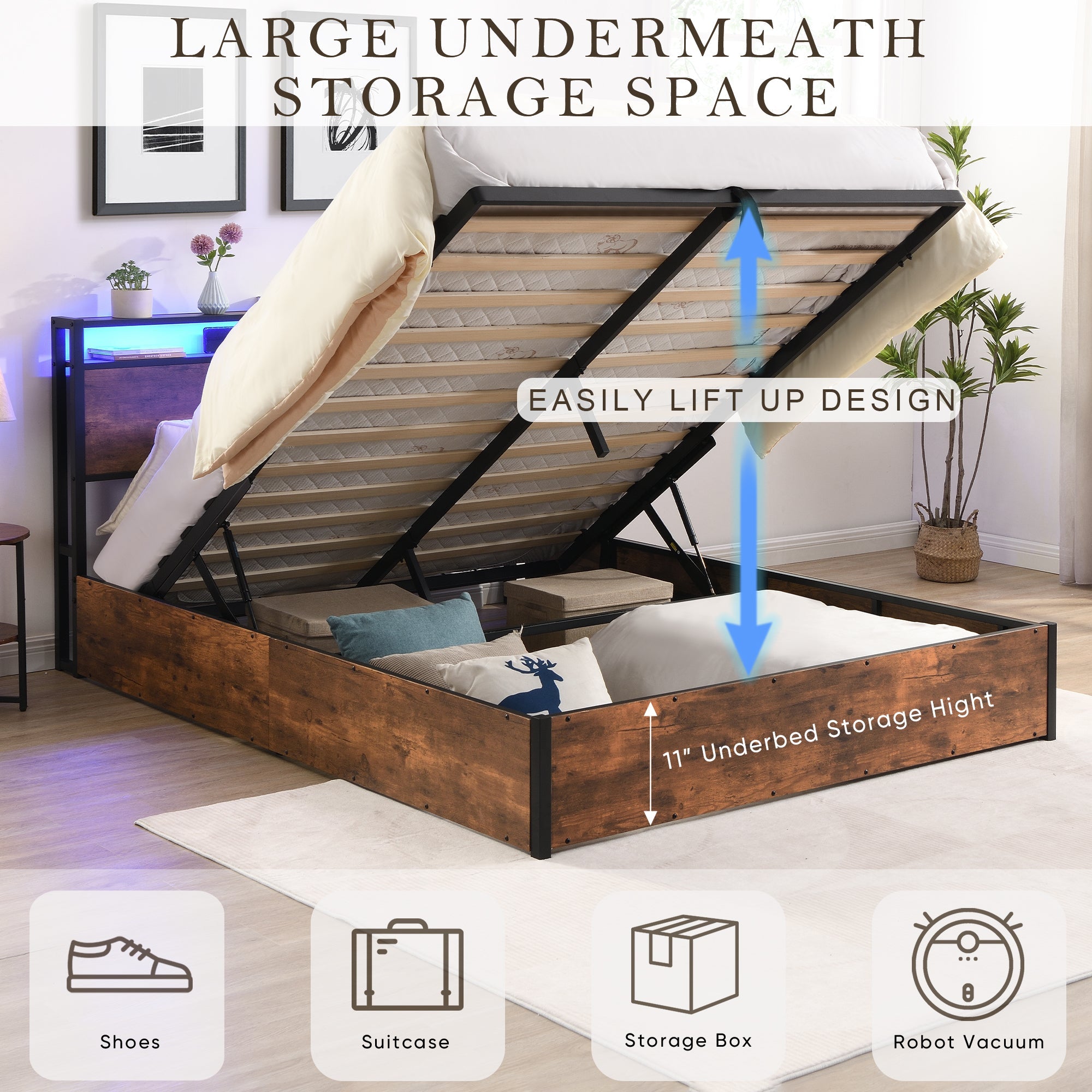 Gas Lift Storage LED Bed Frame with  & Charging Station