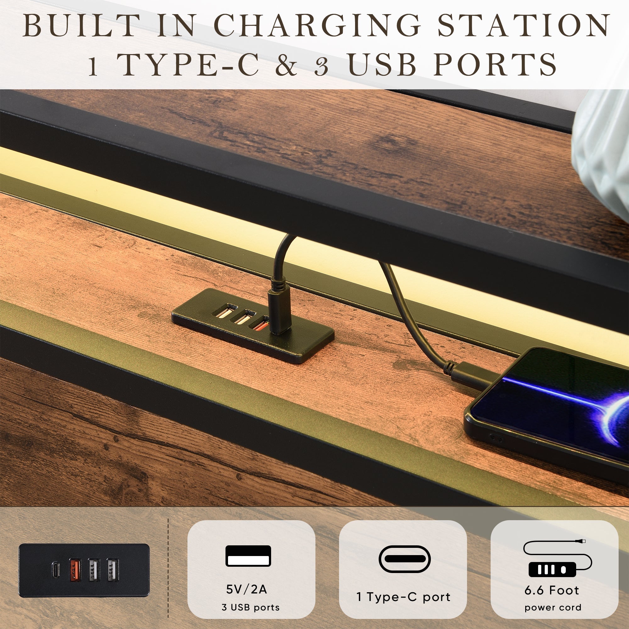 Gas Lift Storage LED Bed Frame with  & Charging Station