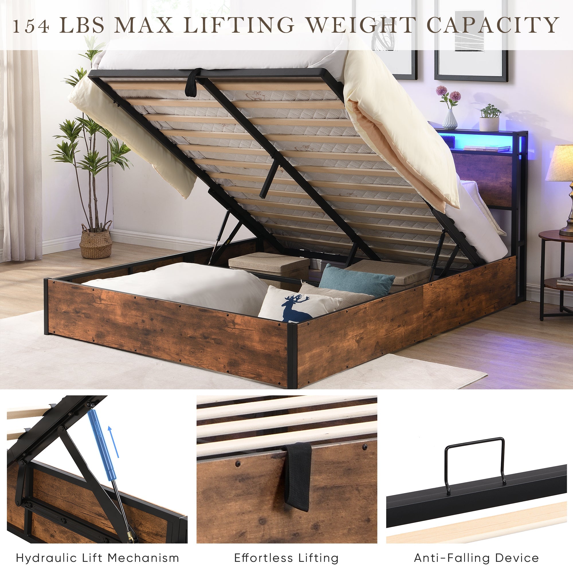 Gas Lift Storage LED Bed Frame with  & Charging Station
