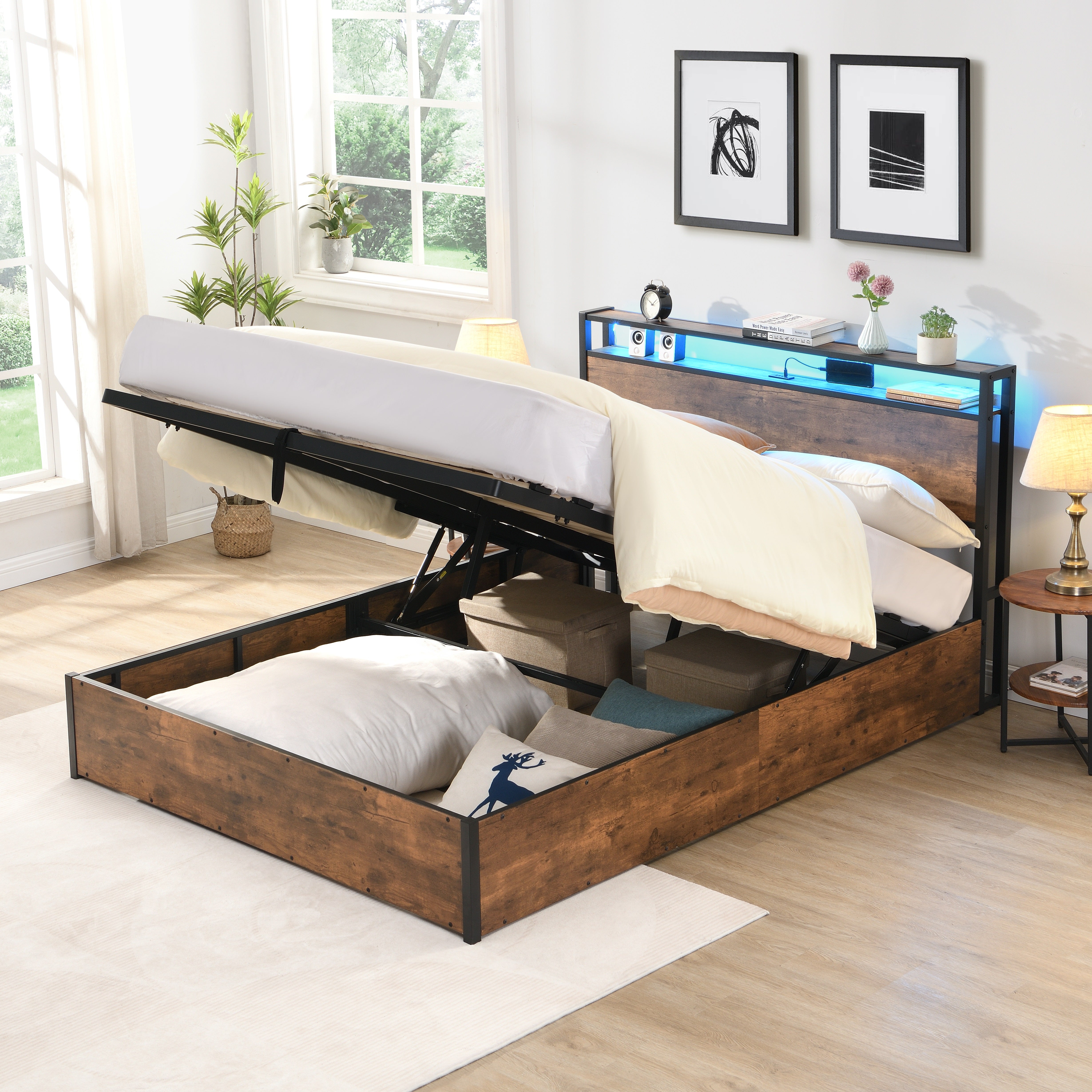 Gas Lift Storage LED Bed Frame with  & Charging Station
