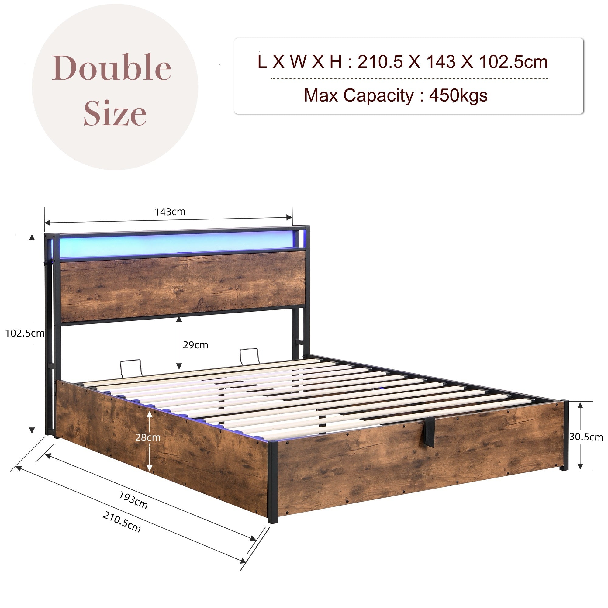 Gas Lift Storage LED Bed Frame with  & Charging Station