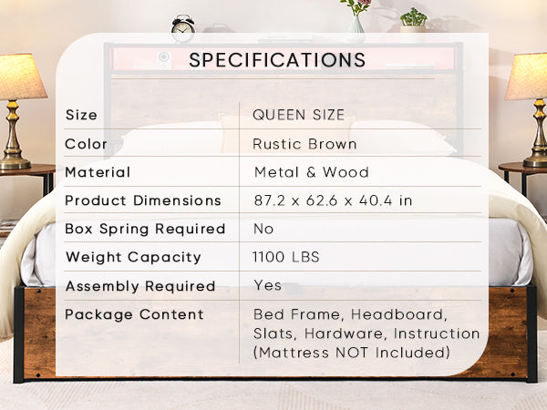 Gas Lift Storage LED Bed Frame with  & Charging Station