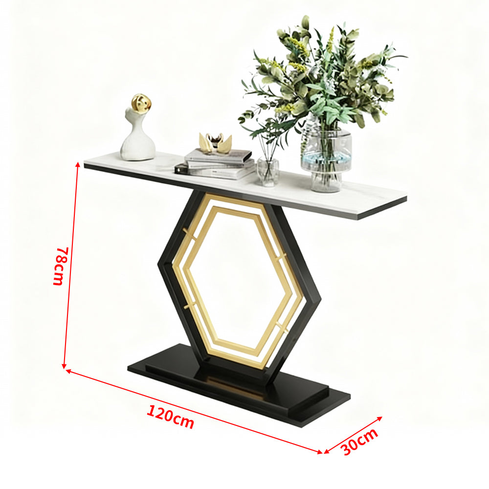 Solid marble console, entry table, hexagonal metal frame