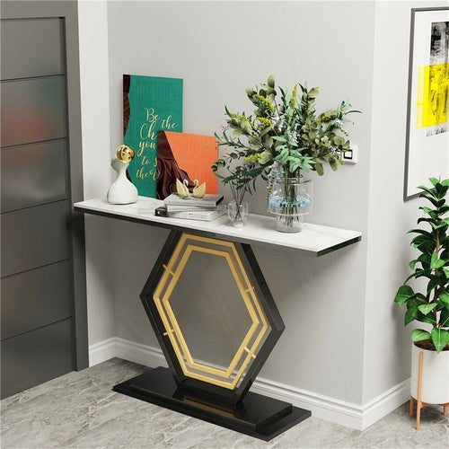 Solid marble console, entry table, hexagonal metal frame