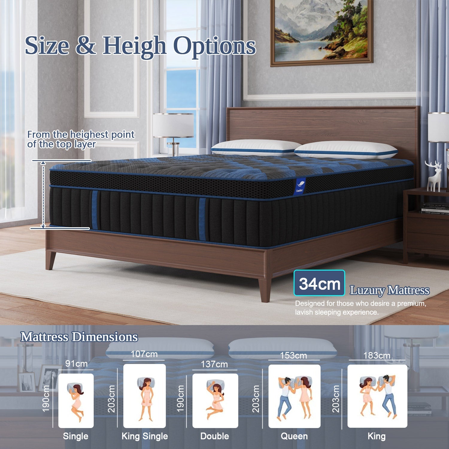 Complete range COOL-GEL Memory Foam Pocket Spring 34CM Mattress