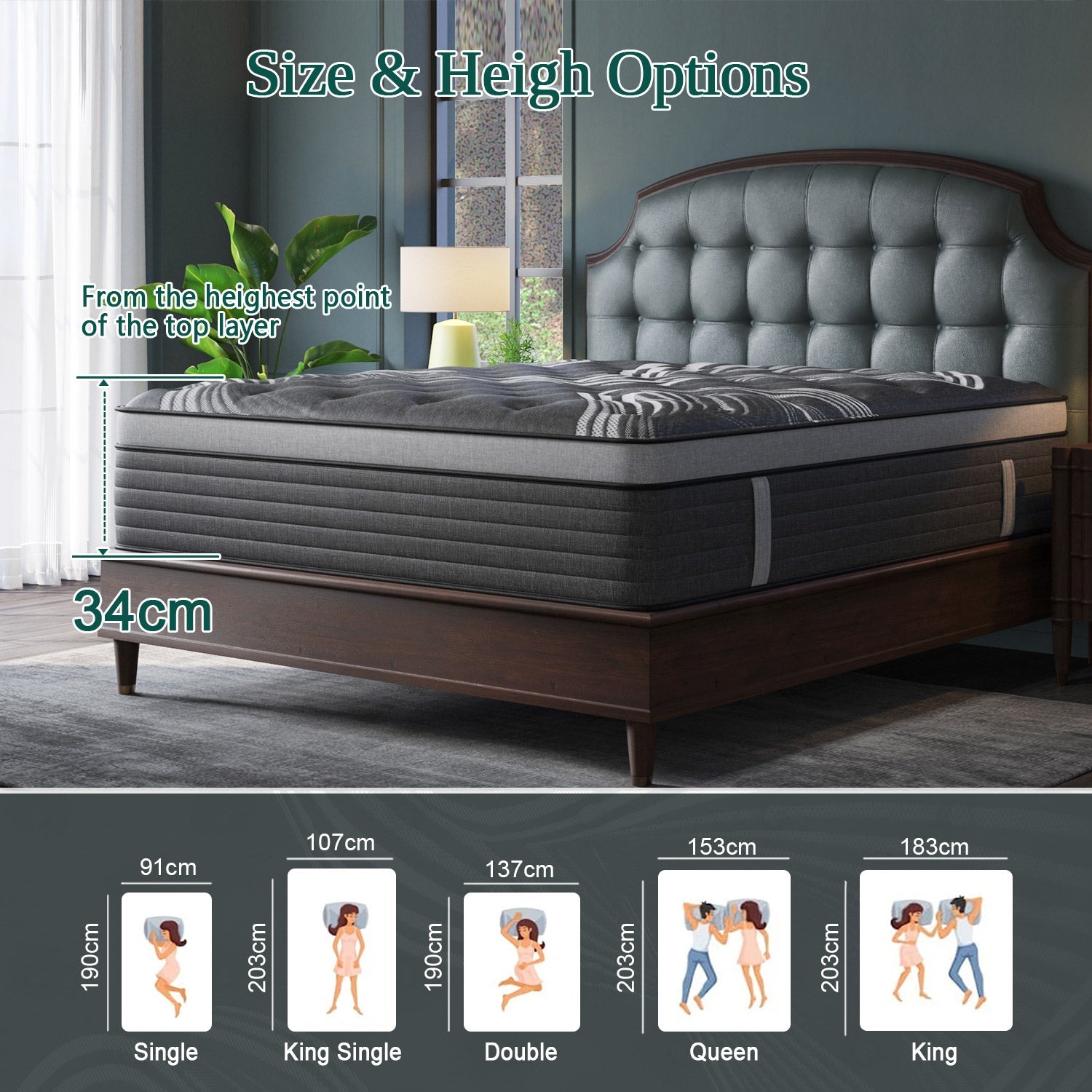 Euro Top Pocket Spring Mattress Gel Memory Foam Hybrid Medium Firm 34CM