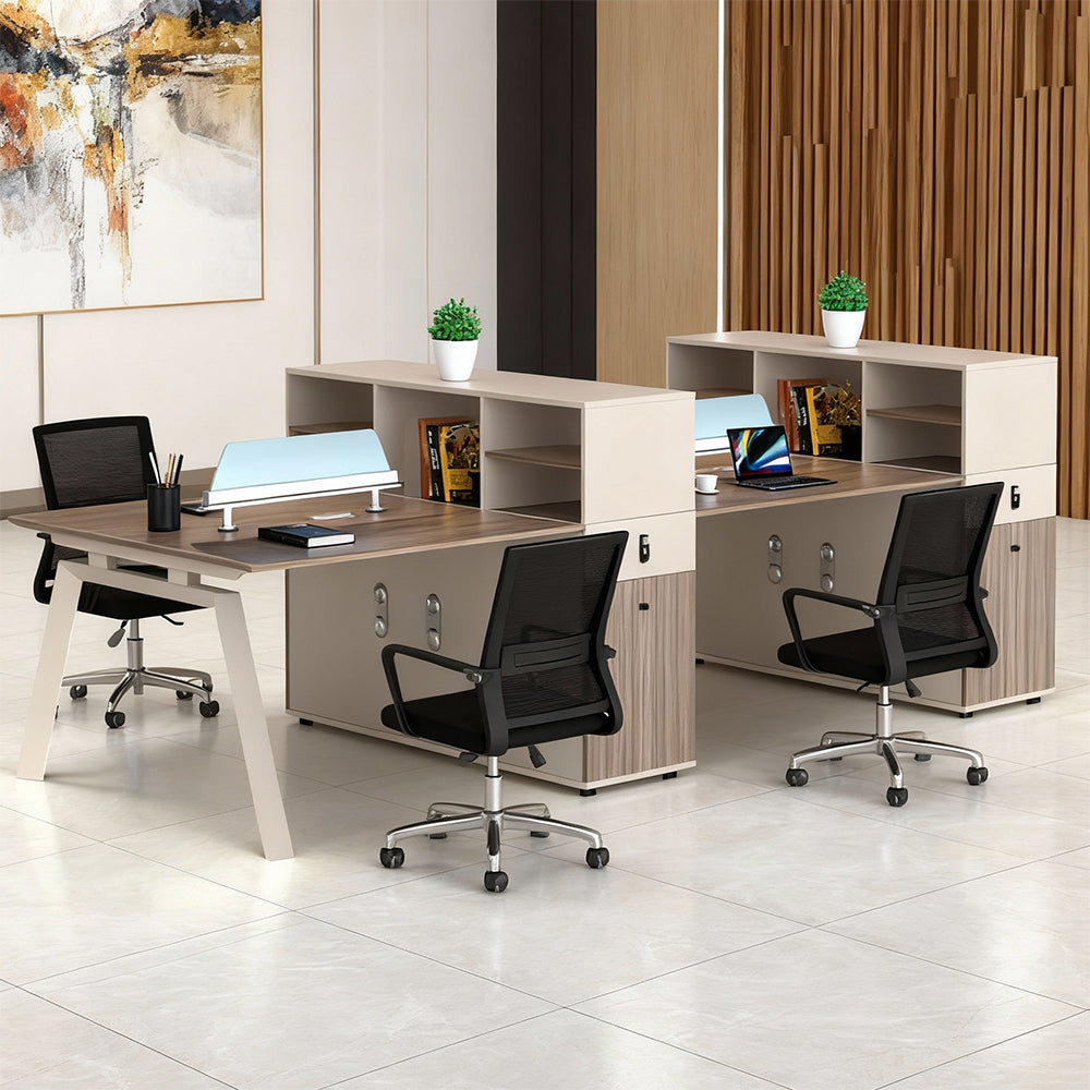 The daily work desk for employees, featuring storage space