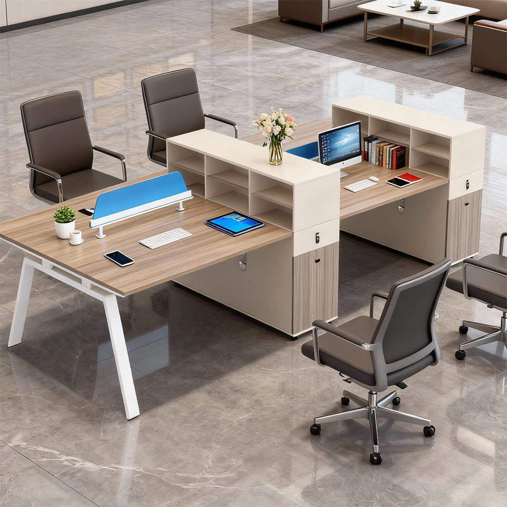 The daily work desk for employees, featuring storage space