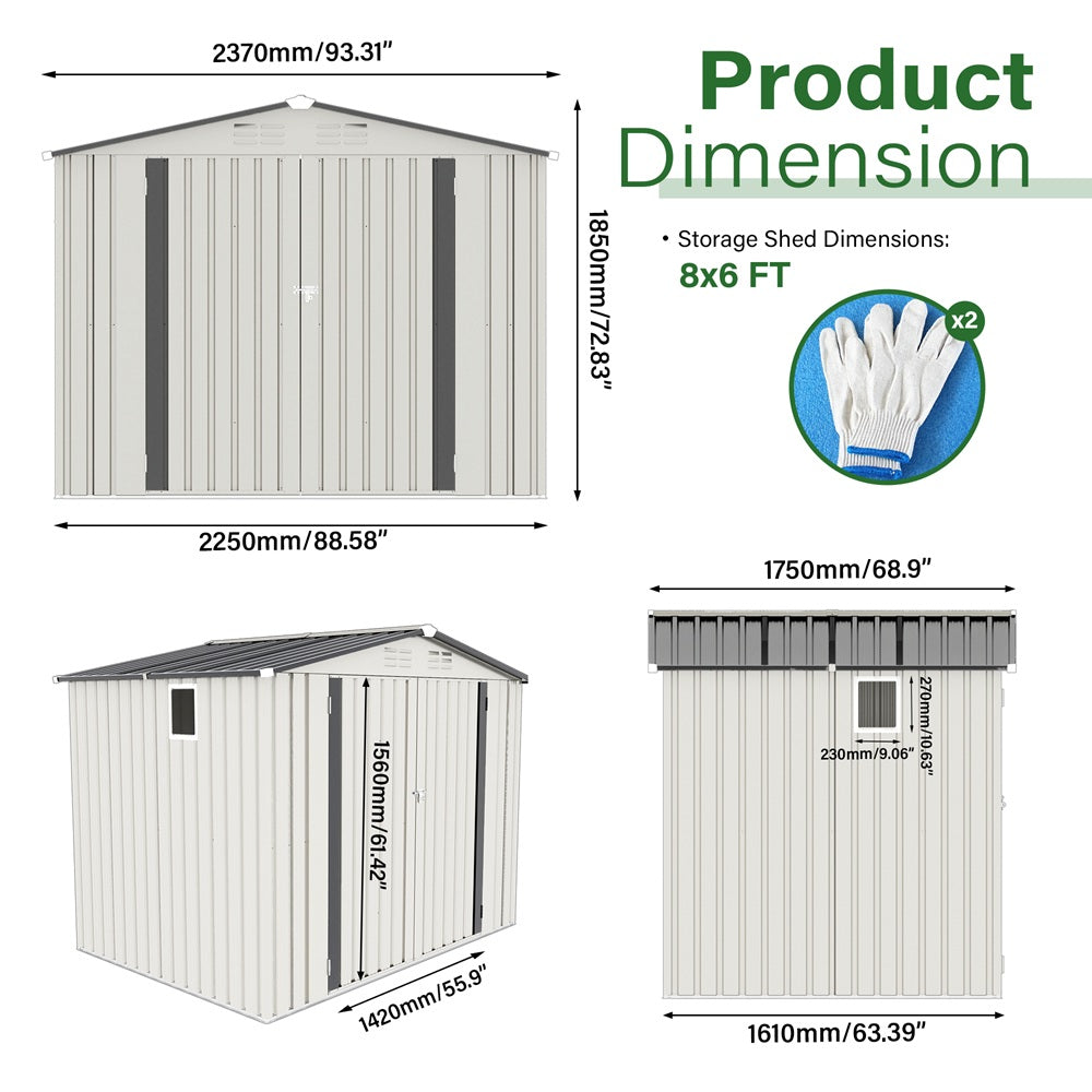 8x6FT Metal Storage Shed, Waterproof with Side Window & Lockable Door