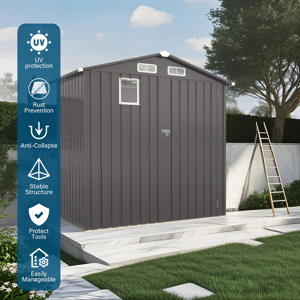 6 x 3.5FT Metal Outdoor Storage Shed, Tool Shed with Peaked Roof Watertight with Clear Window and Lockable Door Compact Metal Tool Room for Garden, Backyard, Patio, Sundries and Bike Storage, Gray