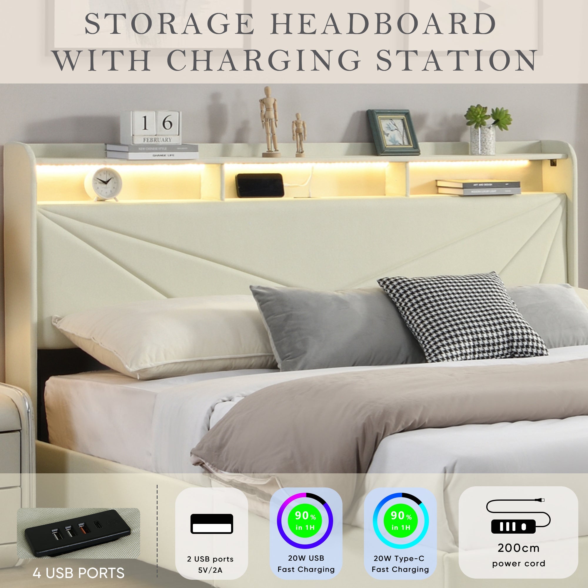 Modern Upholstery Bed Storage with LED Lights and Charging Station