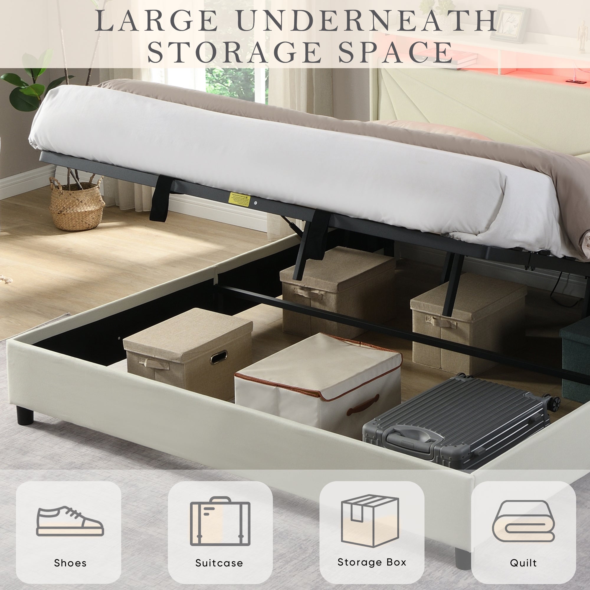 Modern Upholstery Bed Storage with LED Lights and Charging Station