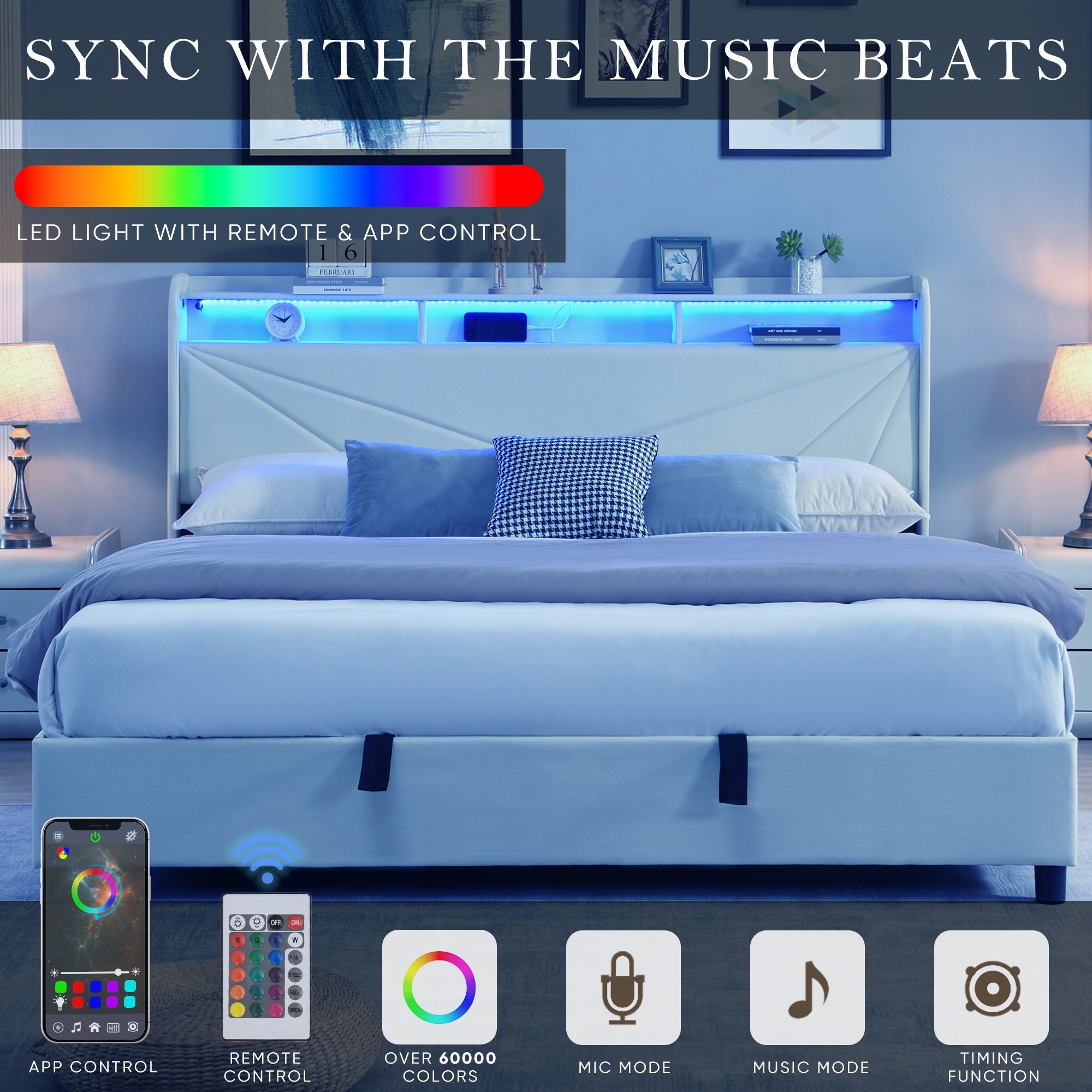 Modern Upholstery Bed Storage with LED Lights and Charging Station