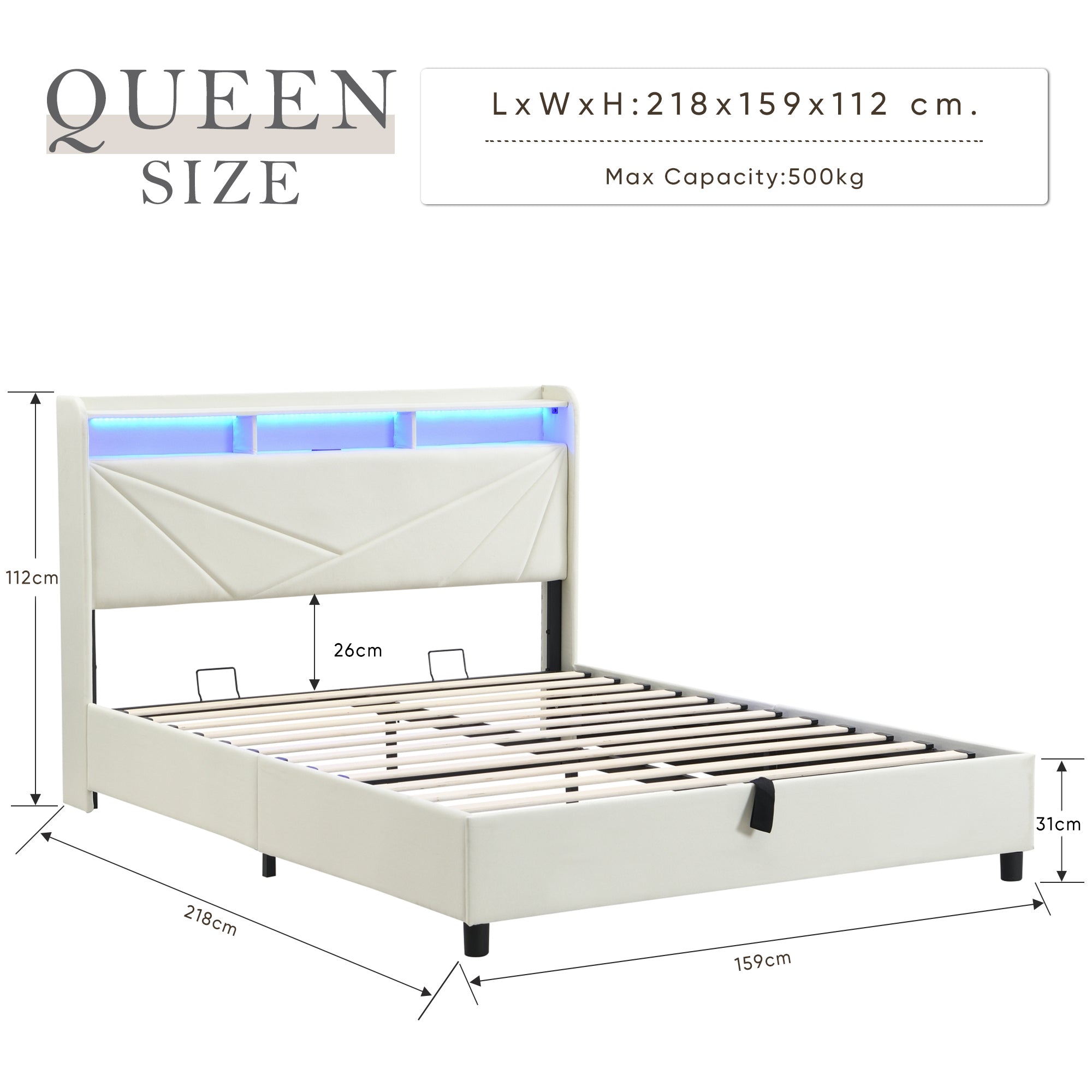 Modern Upholstery Bed Storage with LED Lights and Charging Station