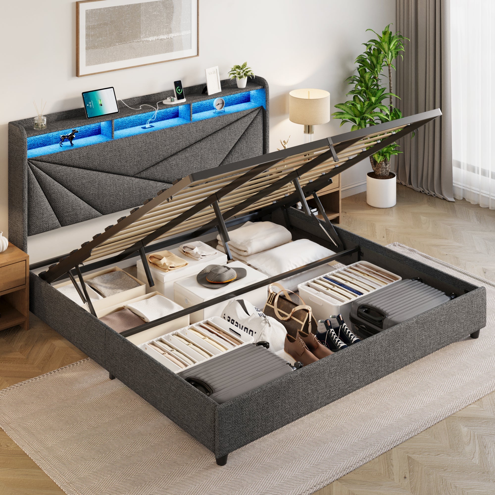 Modern Upholstery Bed Storage with LED Lights and Charging Station