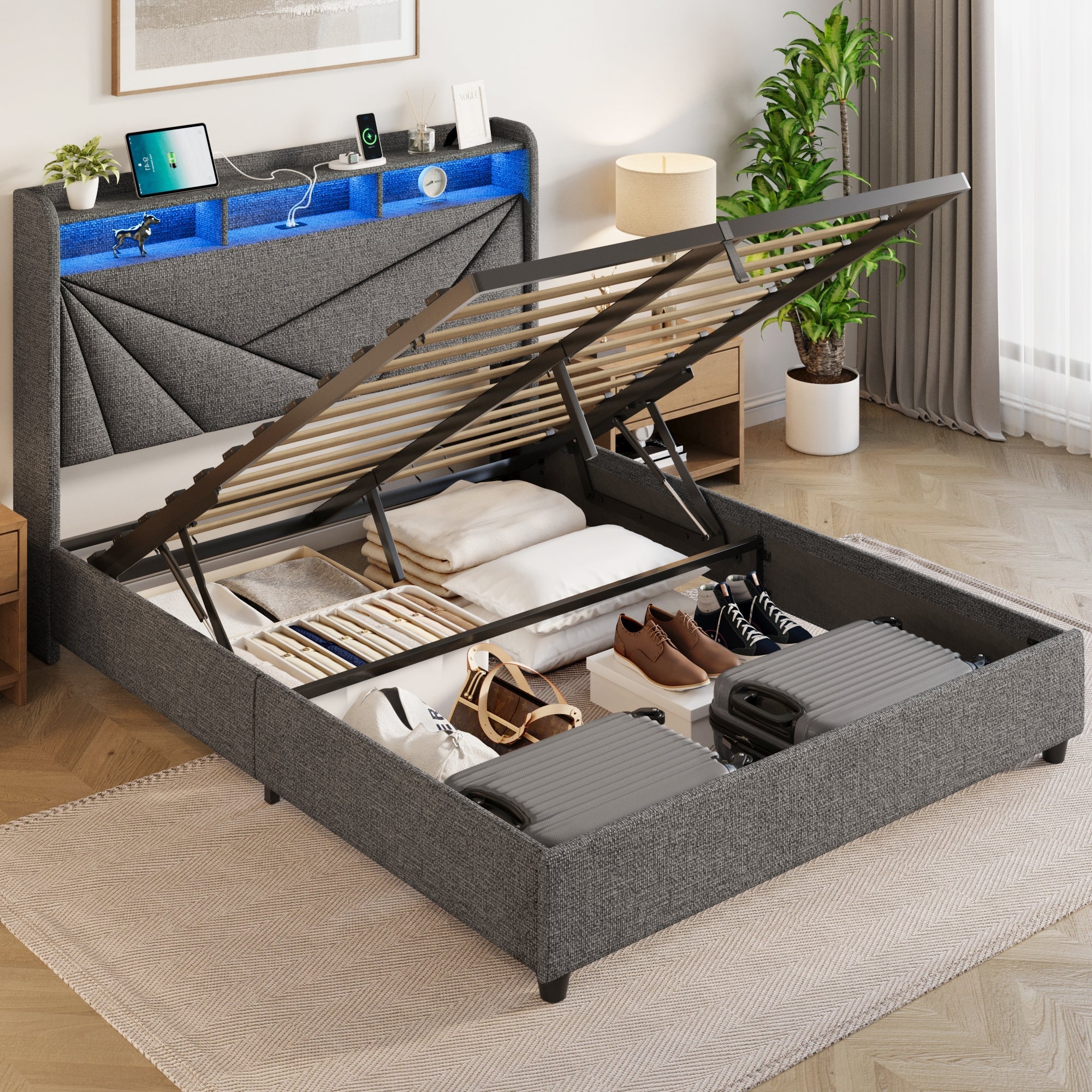 Modern Upholstery Bed Storage with LED Lights and Charging Station