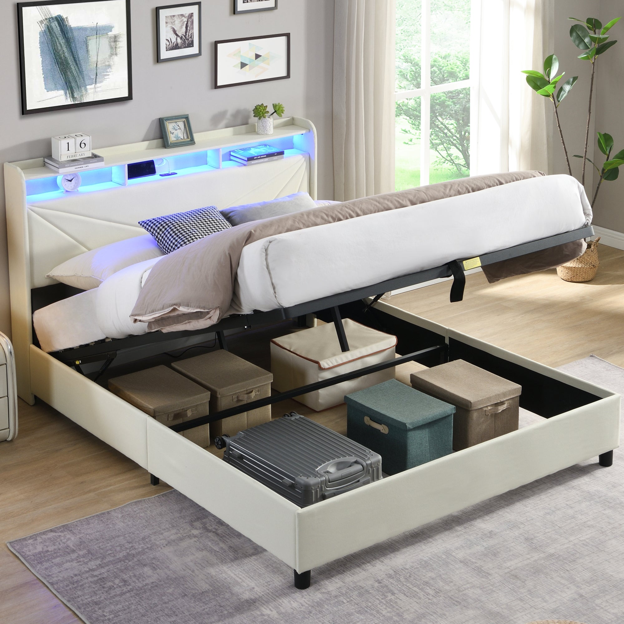 Modern Upholstery Bed Storage with LED Lights and Charging Station