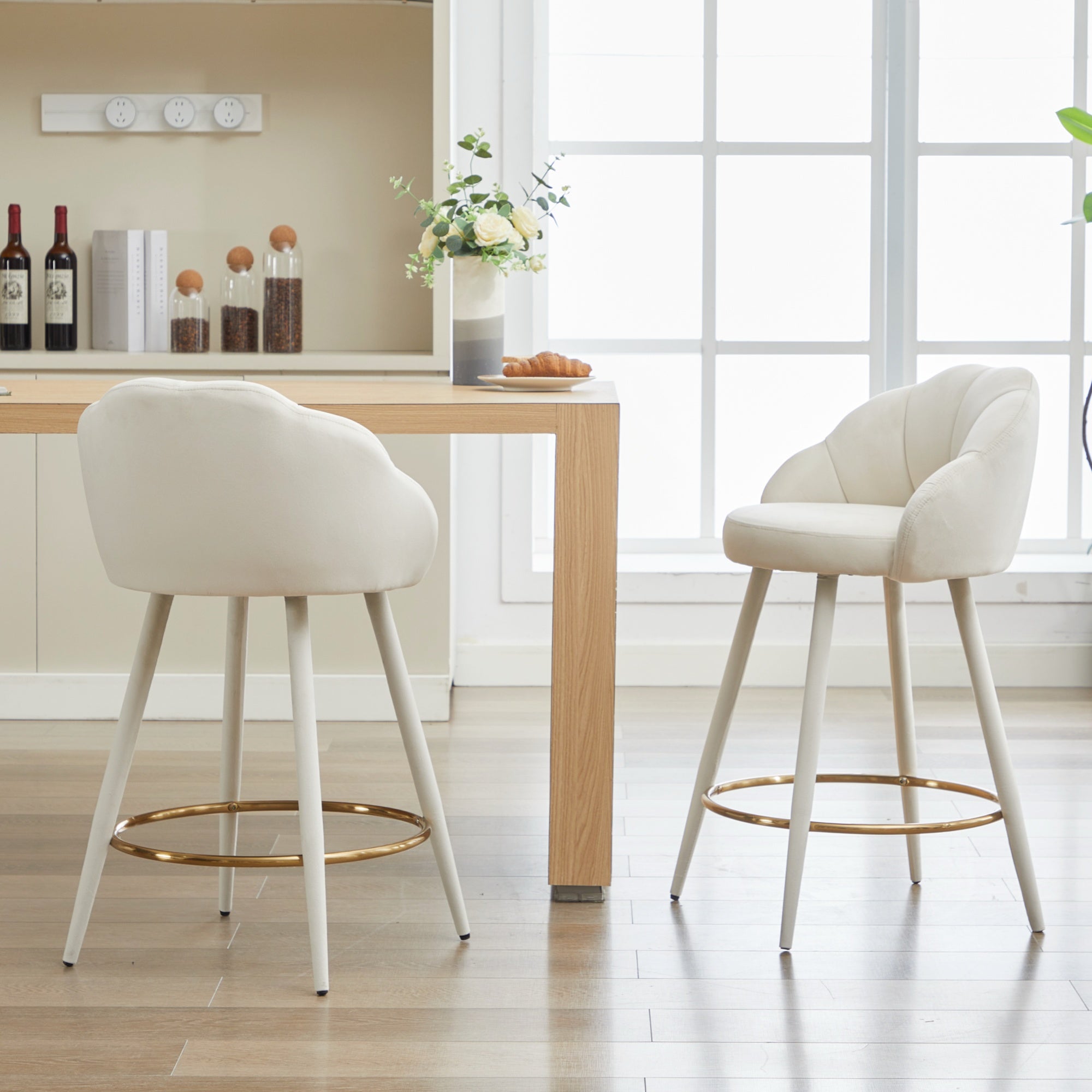 2PCS Velvet Upholstered  Barstools , with Petal Back & Golden Footrest