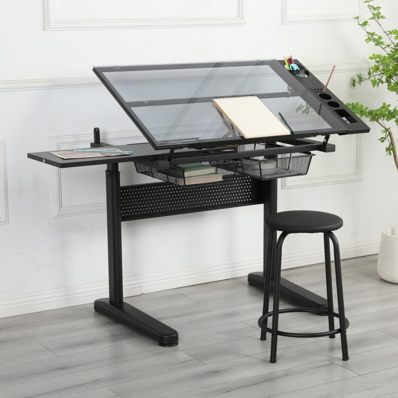 Hand-crank adjustable drawing table with 2 metal drawers and 1 chair