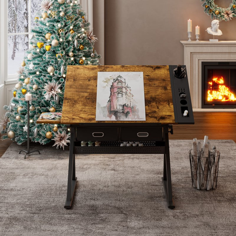 Adjustable drafting table with 2 drawers for home office and school