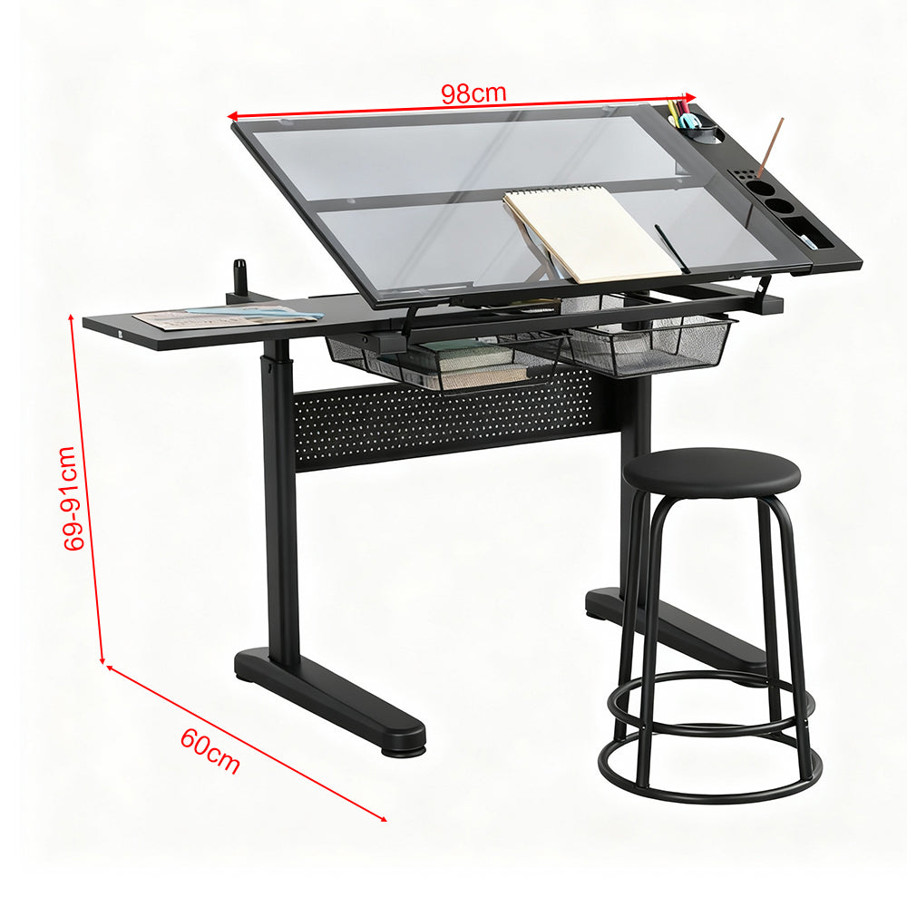 Hand-crank adjustable drawing table with 2 metal drawers and 1 chair