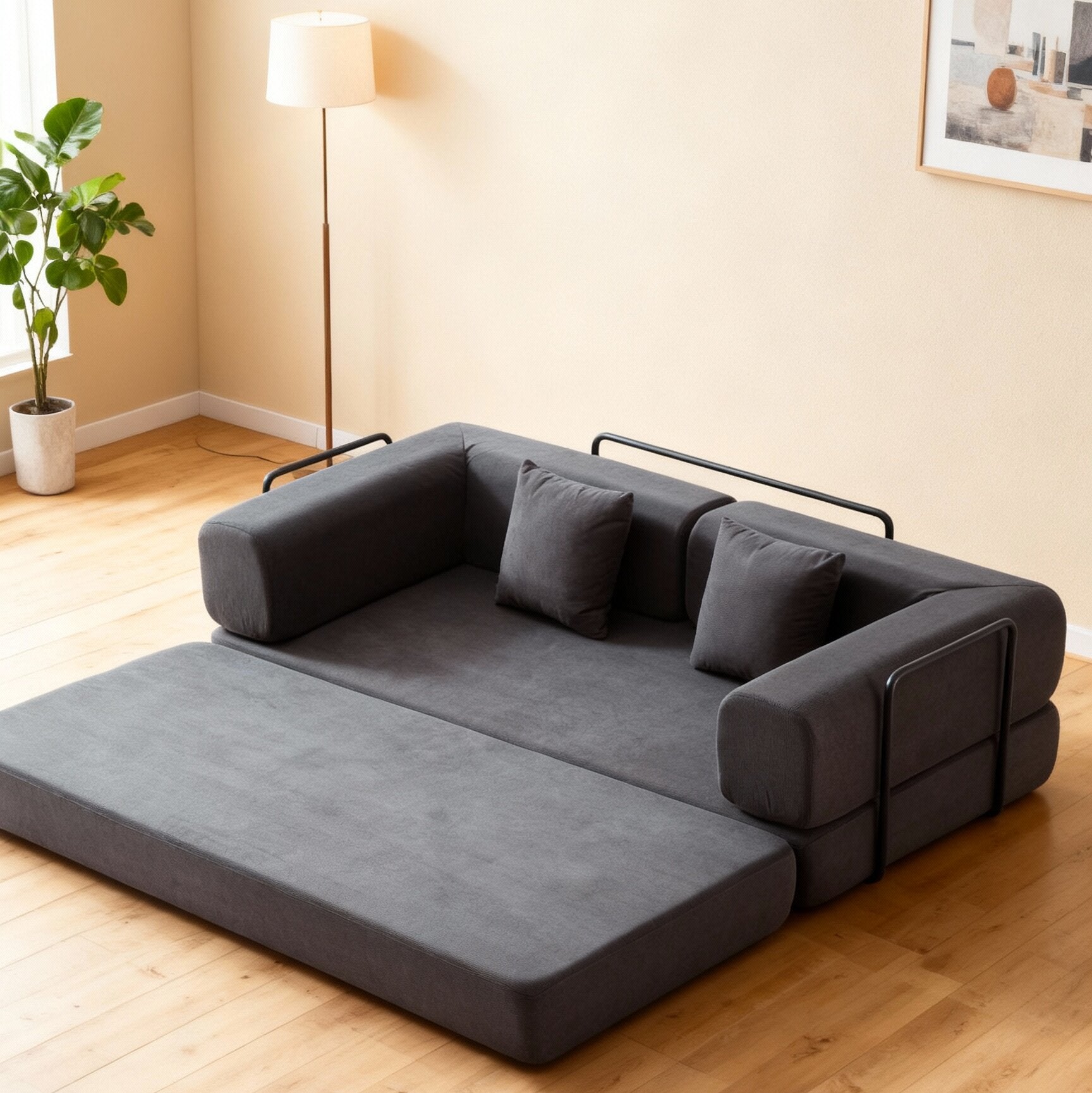 Folding corduroy sofa bed with pillows