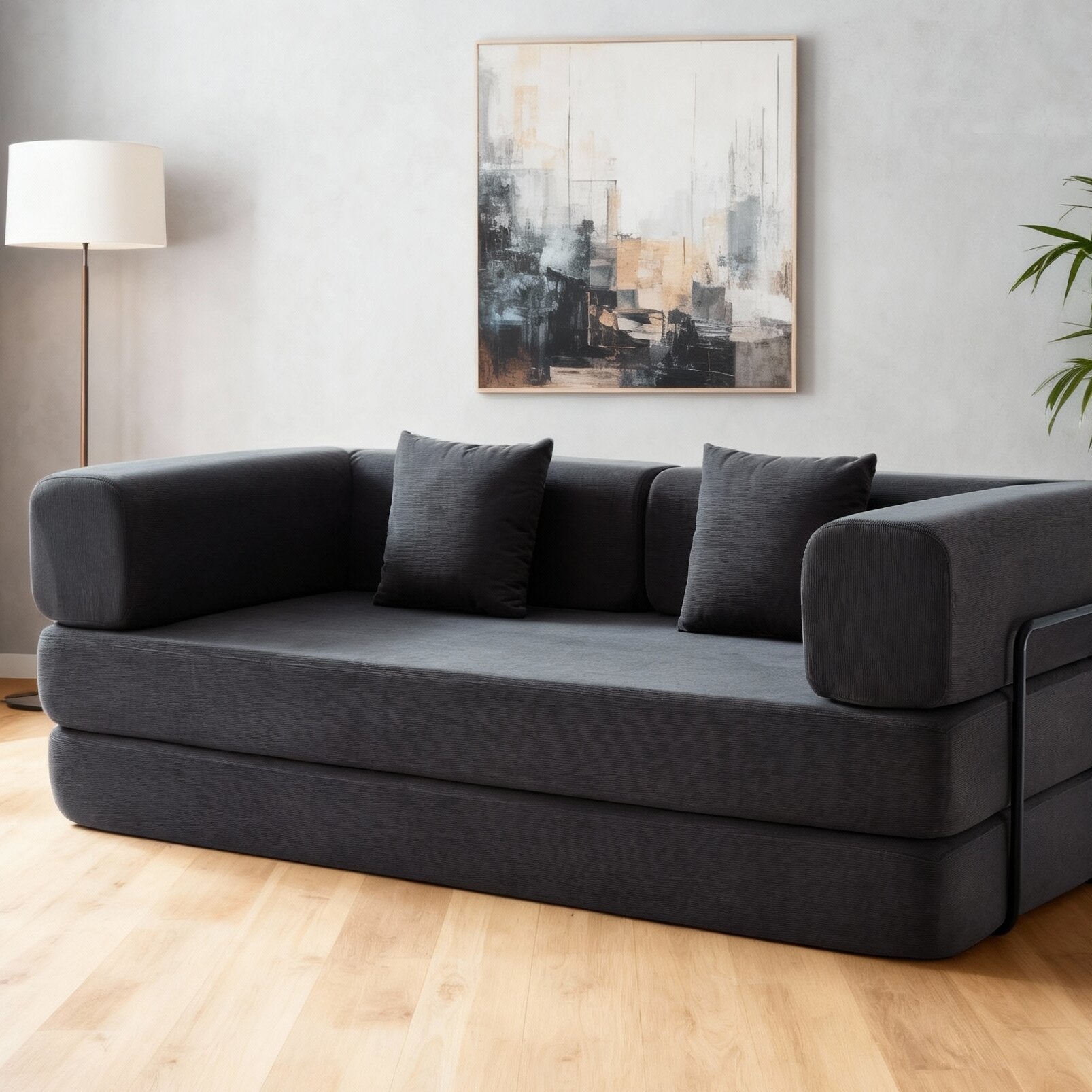 Folding corduroy sofa bed with pillows