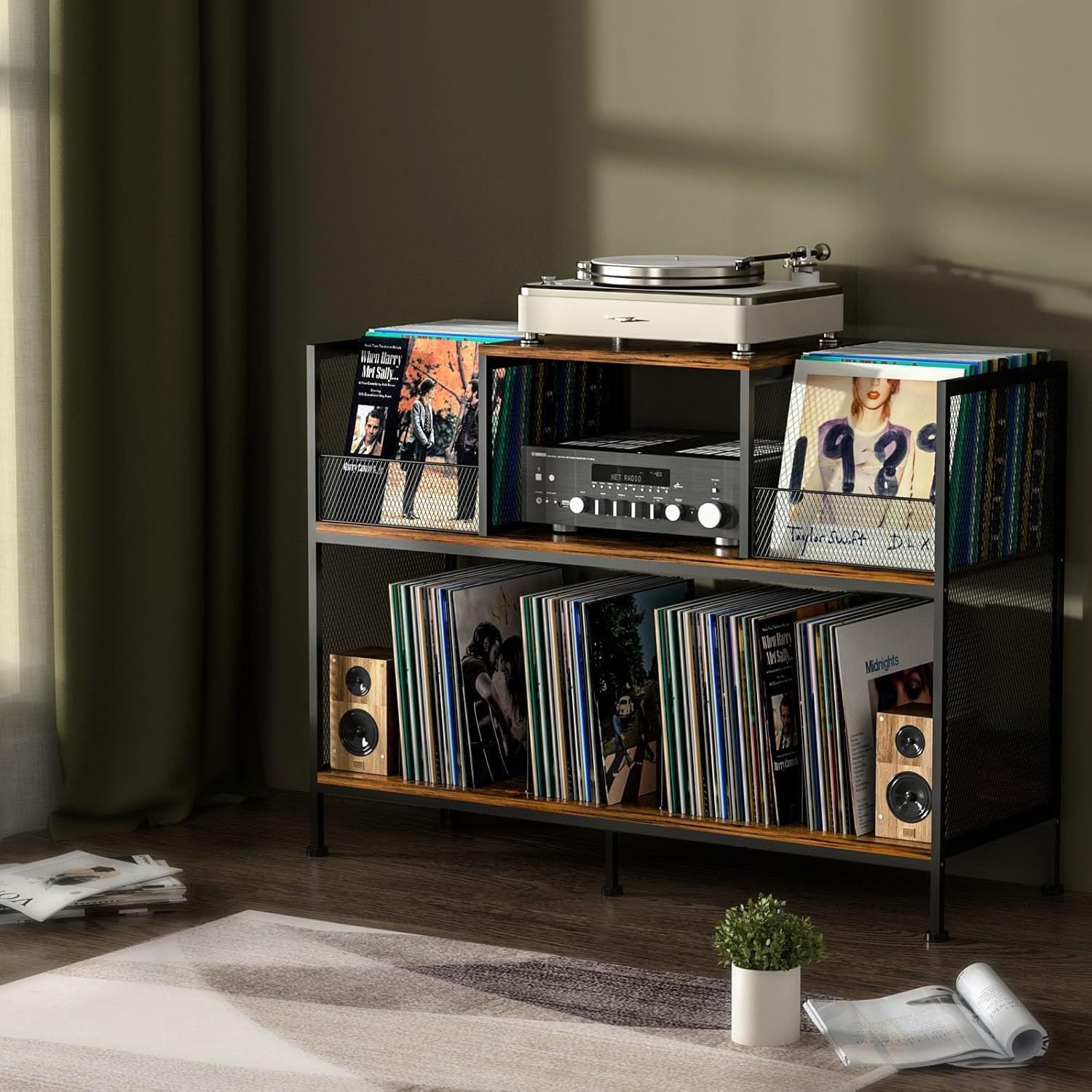 Double-Sided Record Player Stand with Vinyl Storage